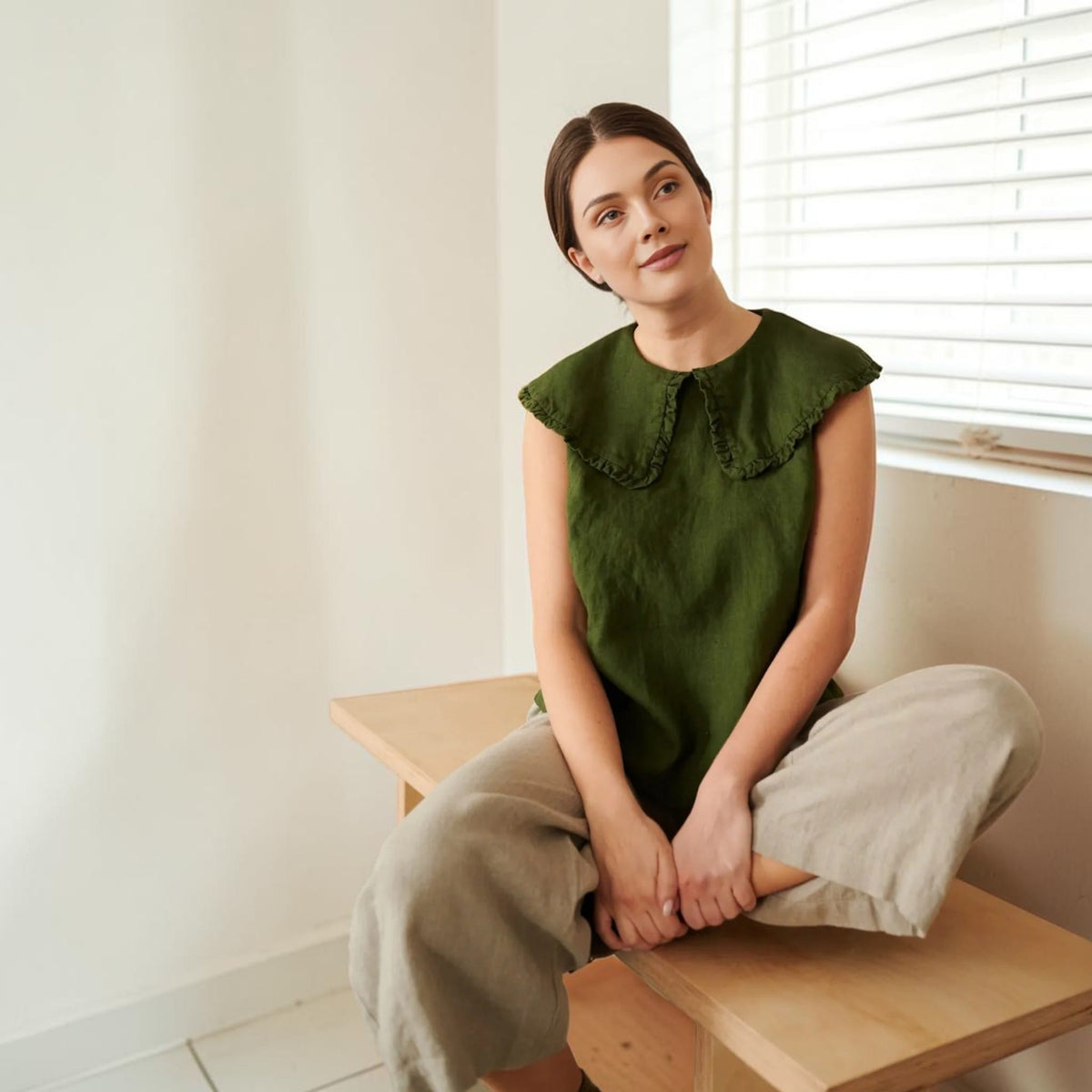 Sleeveless Linen Top, Oversized Ruffle Collar