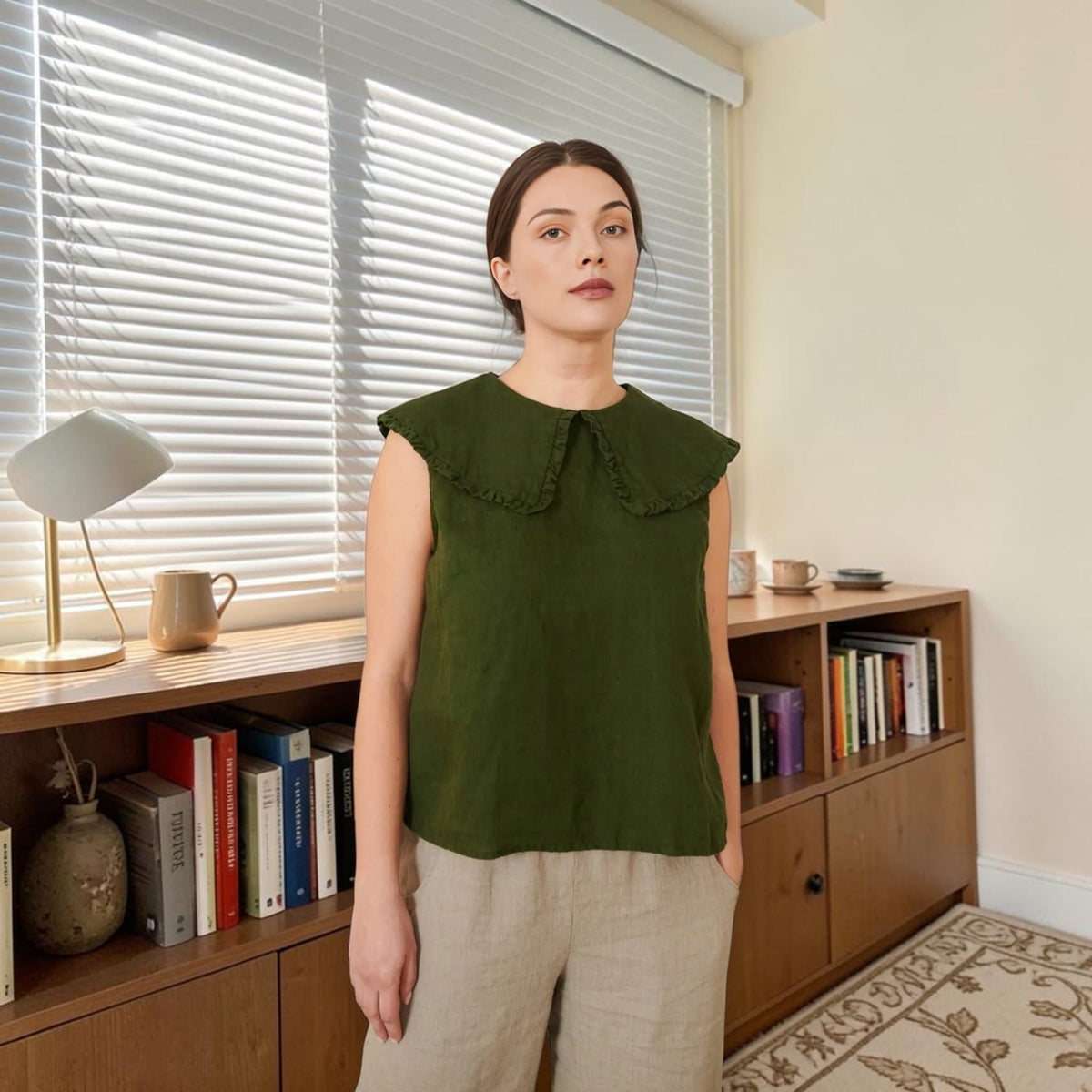 Sleeveless Linen Top, Oversized Ruffle Collar