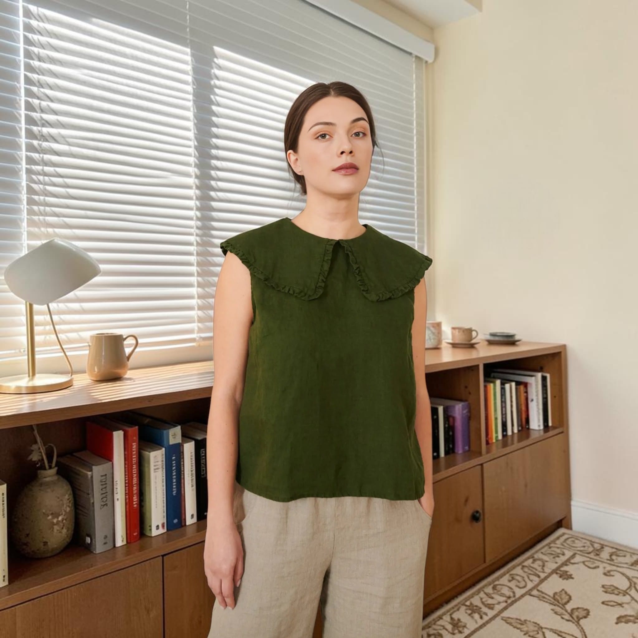Sleeveless Linen Top, Oversized Ruffle Collar