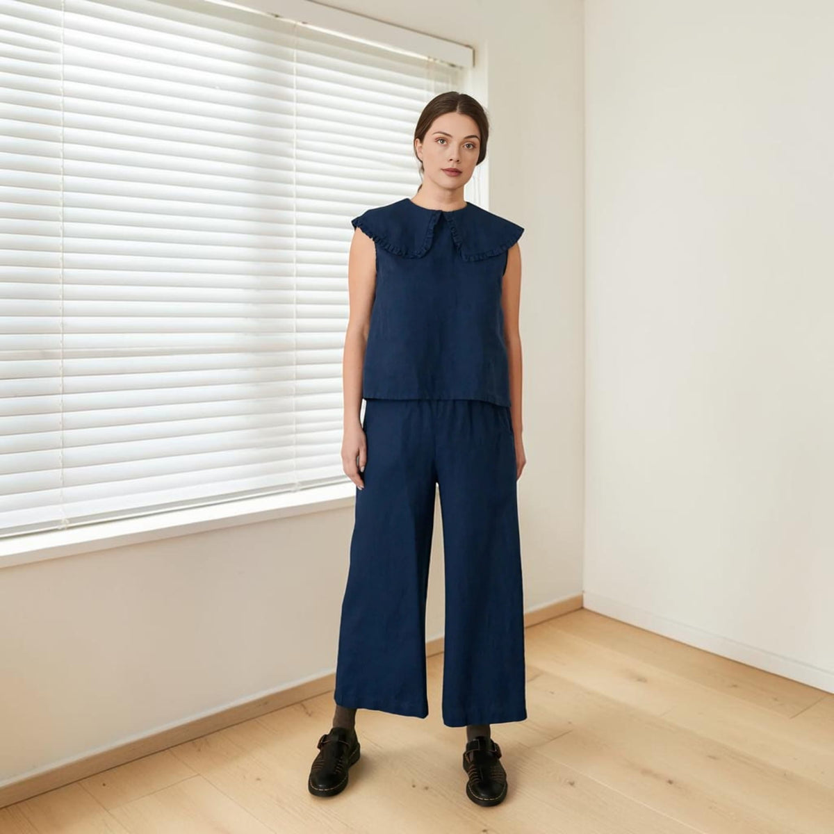 Sleeveless Linen Top, Oversized Ruffle Collar