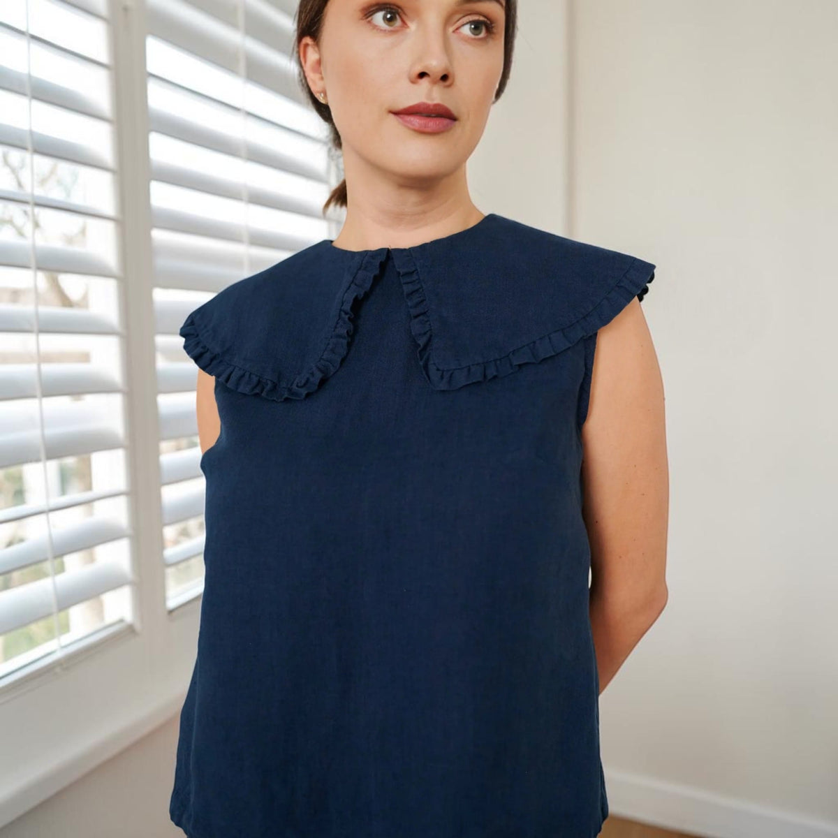 Sleeveless Linen Top, Oversized Ruffle Collar