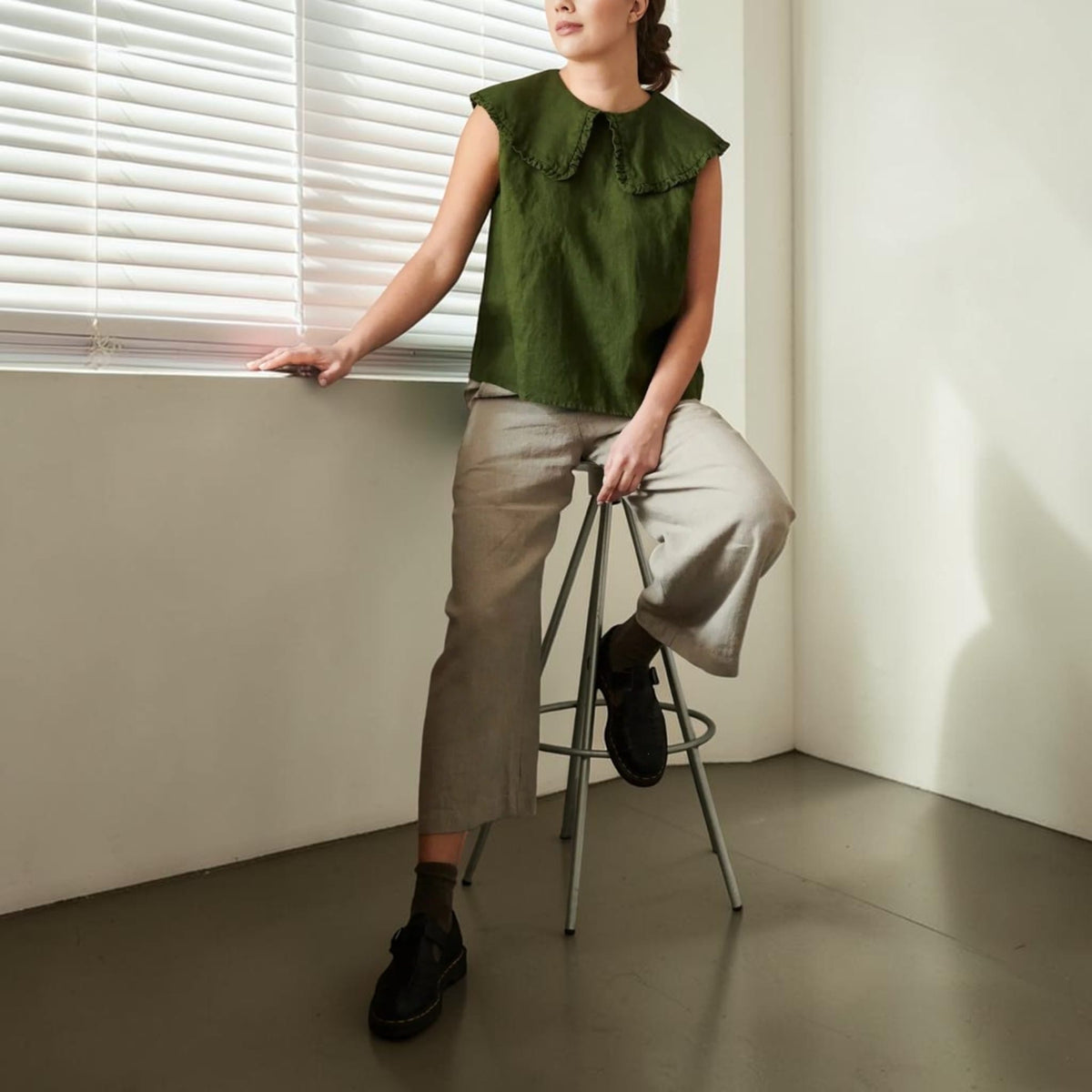 Sleeveless Linen Top, Oversized Ruffle Collar