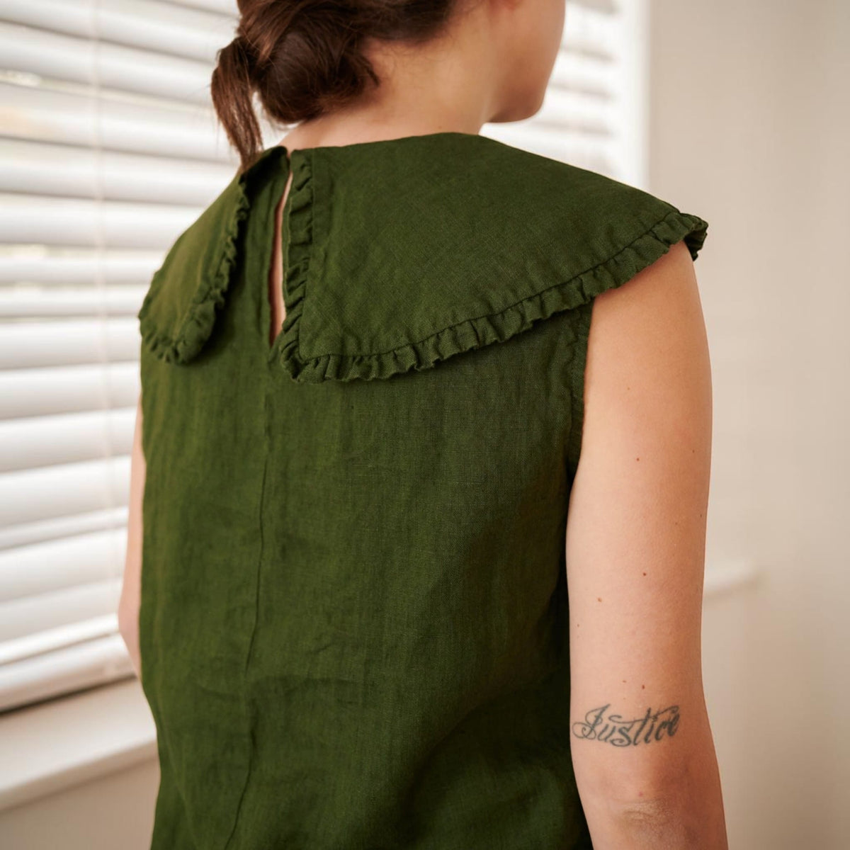 Sleeveless Linen Top, Oversized Ruffle Collar