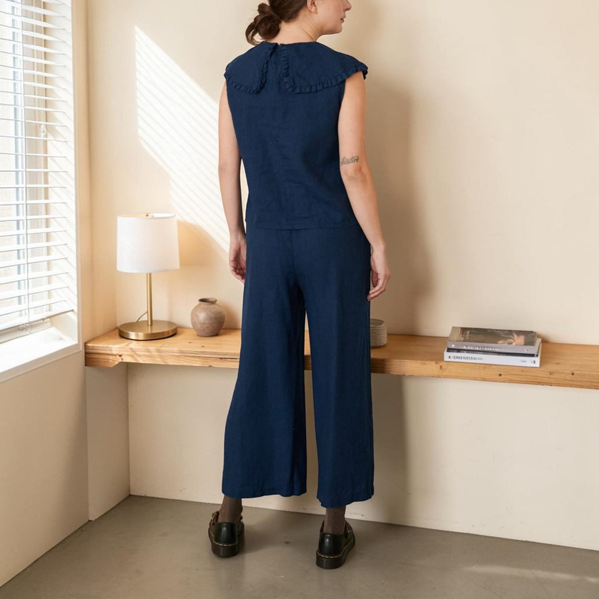 Sleeveless Linen Top, Oversized Ruffle Collar