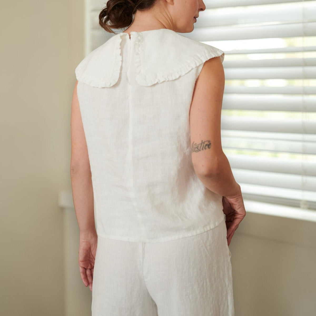 Sleeveless Linen Top, Oversized Ruffle Collar