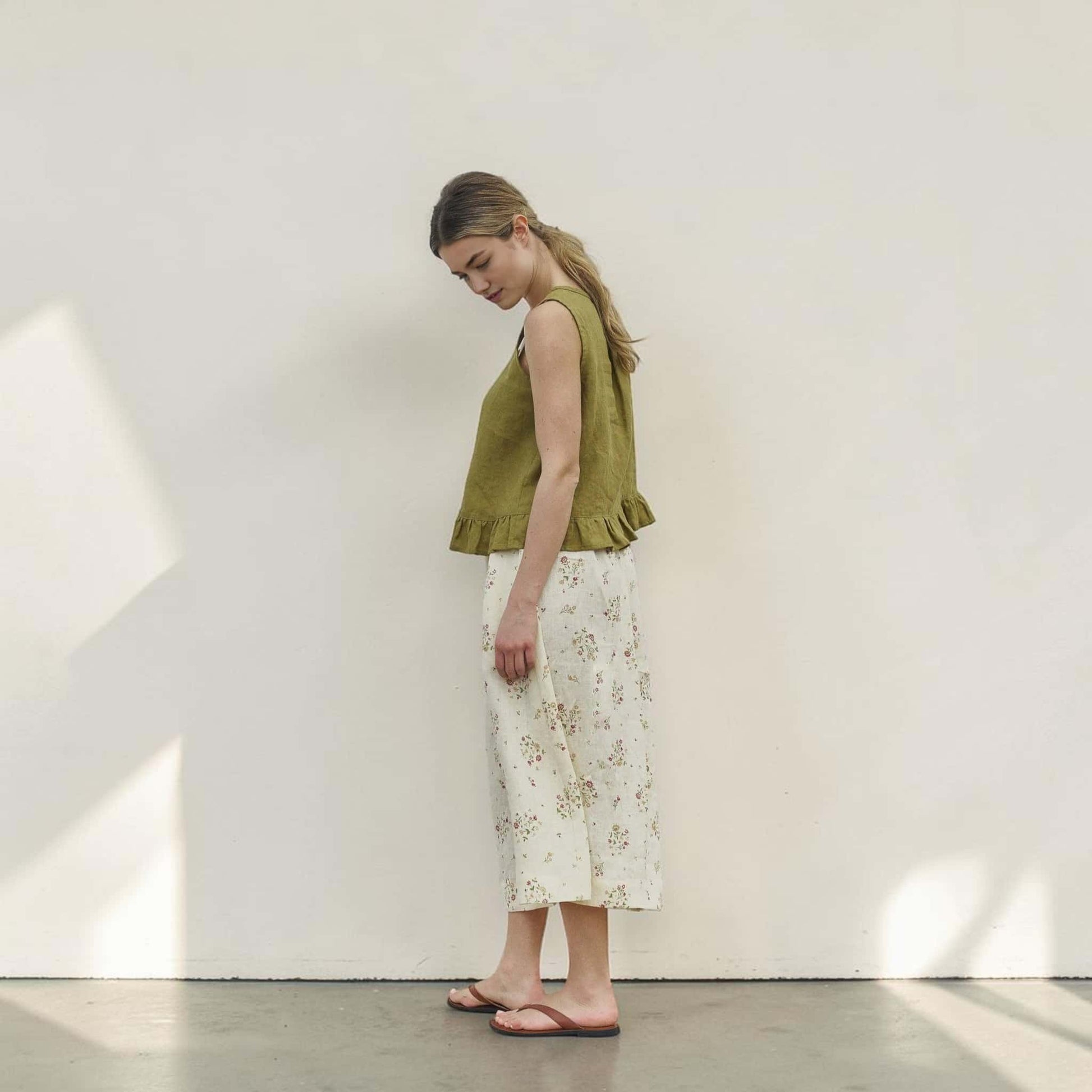 Sleeveless Linen Top, Tie Front Ruffle Hem