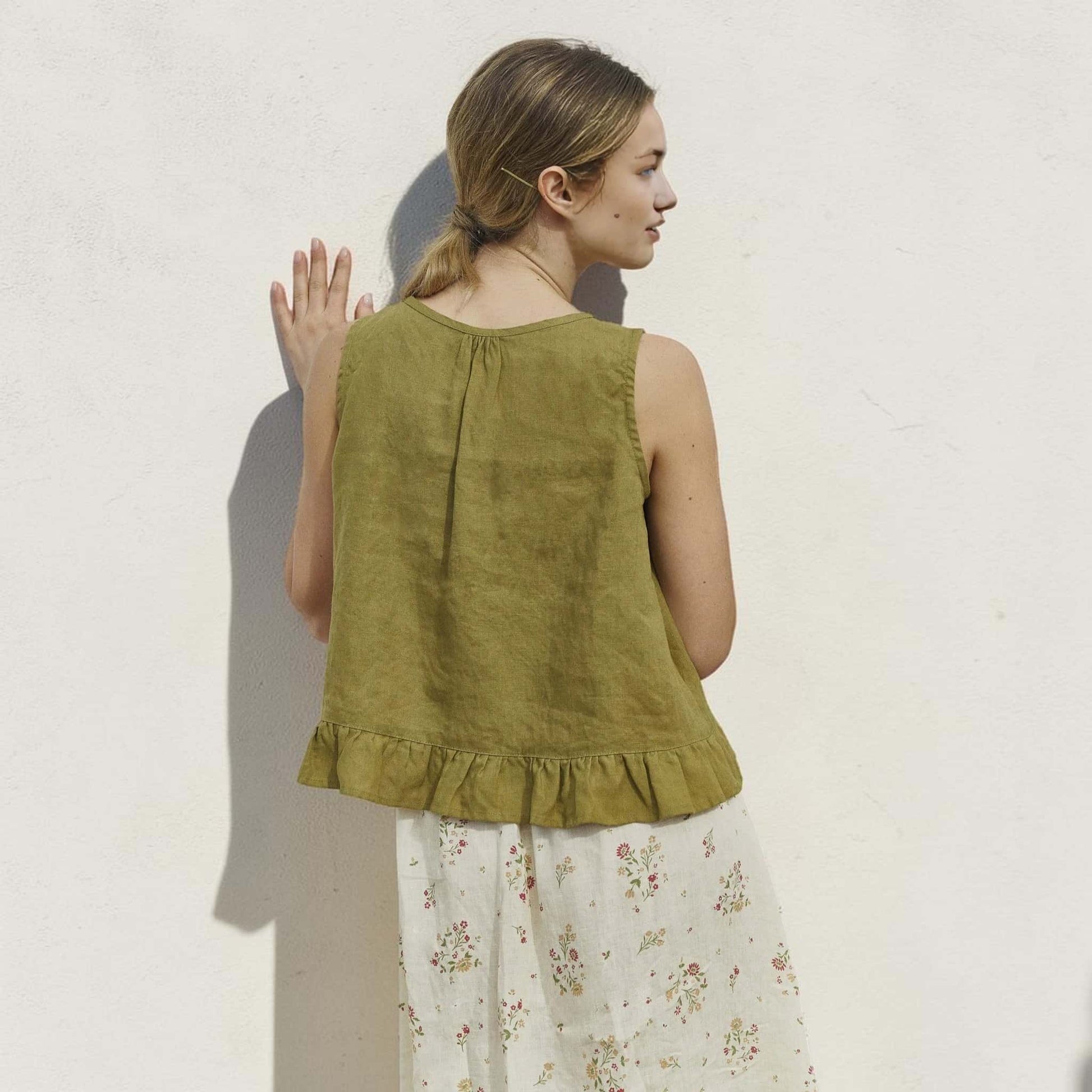 Sleeveless Linen Top, Tie Front Ruffle Hem
