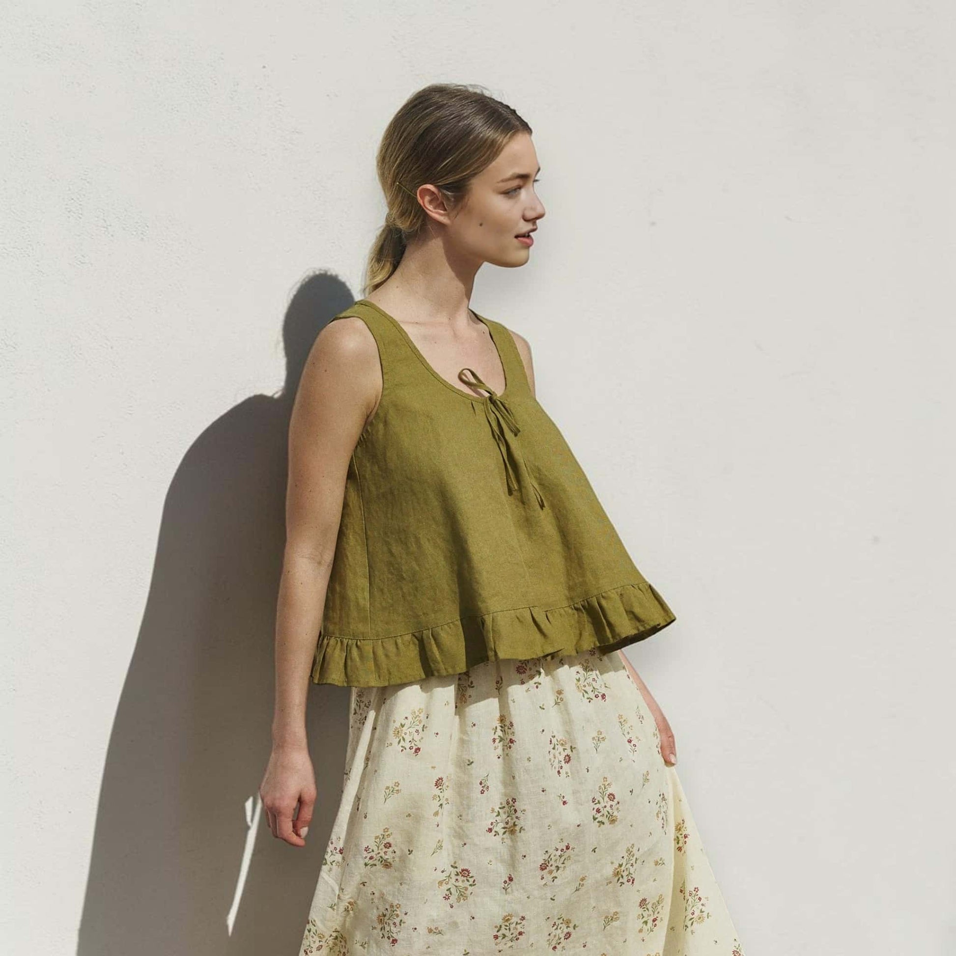 Sleeveless Linen Top, Tie Front Ruffle Hem