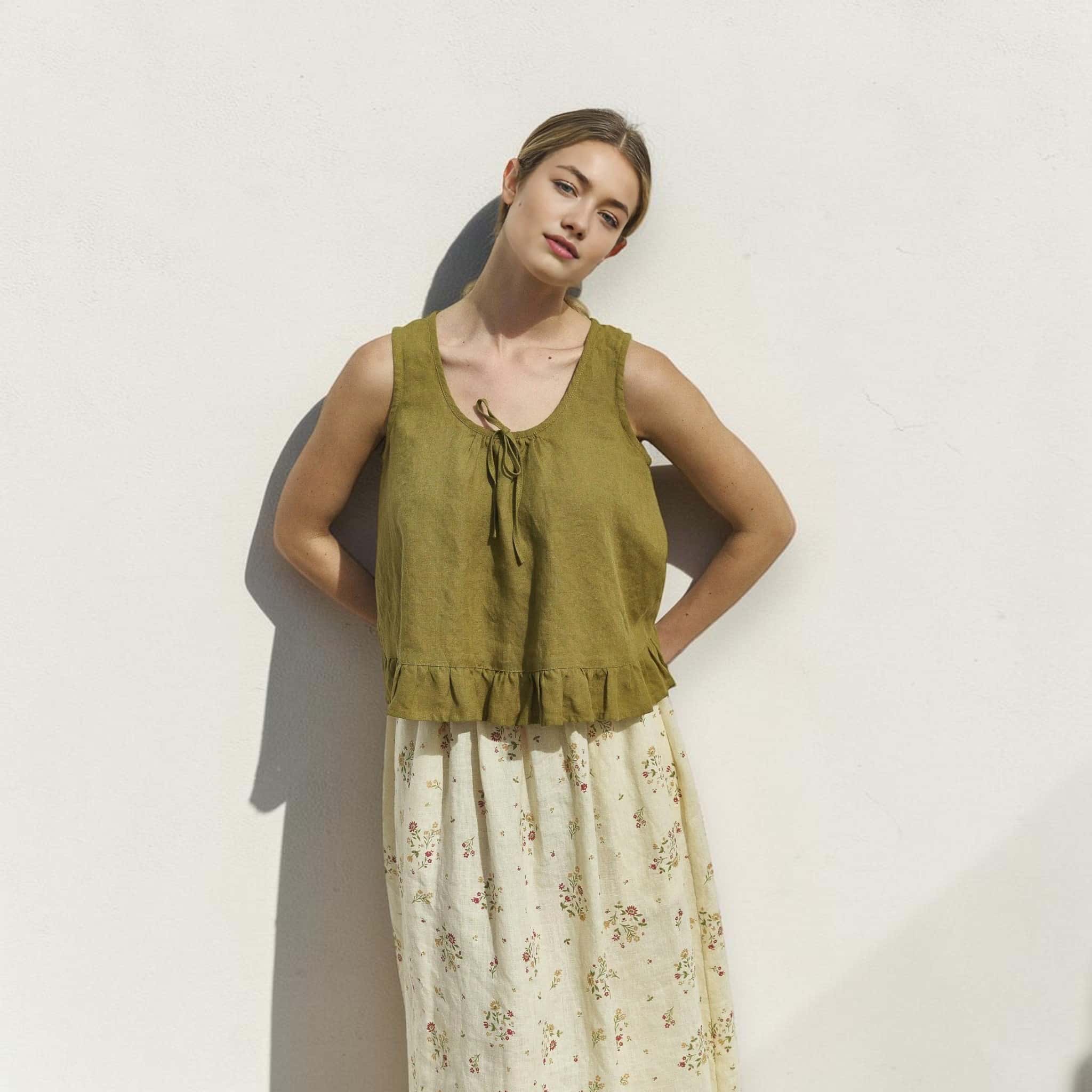 Sleeveless Linen Top, Tie Front Ruffle Hem