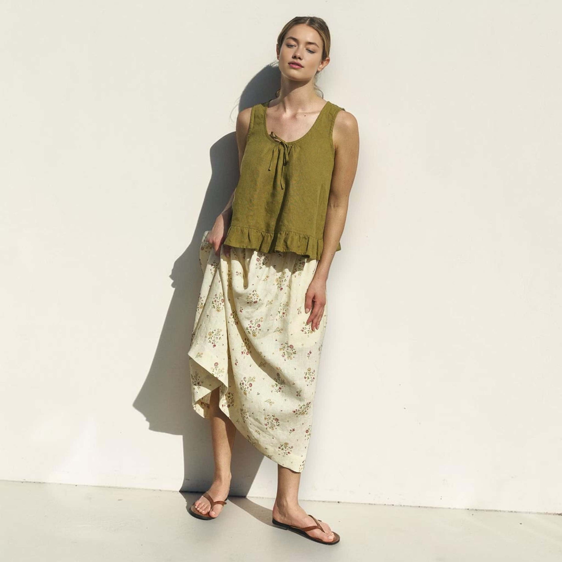 Sleeveless Linen Top, Tie Front Ruffle Hem