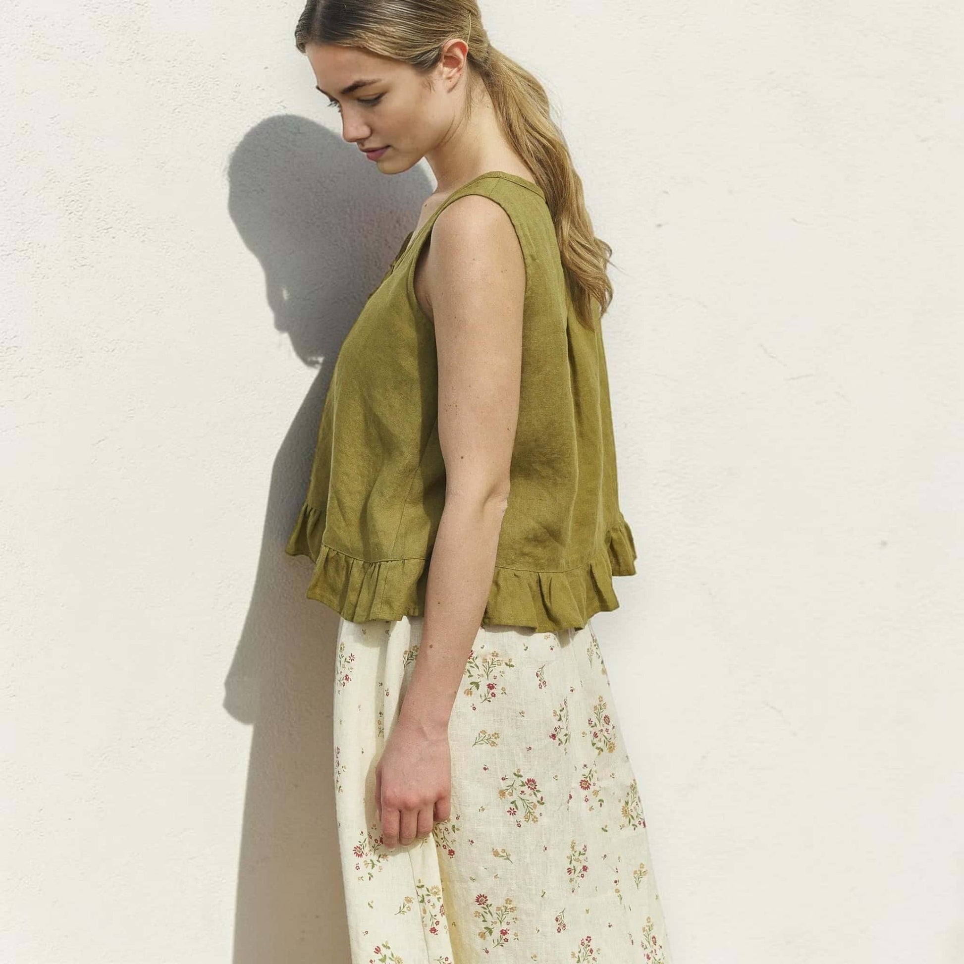 Sleeveless Linen Top, Tie Front Ruffle Hem