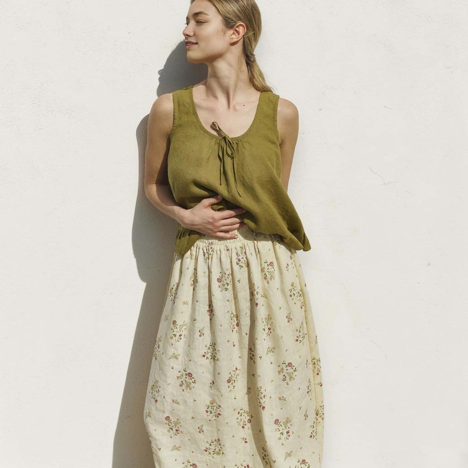 Sleeveless Linen Top, Tie Front Ruffle Hem