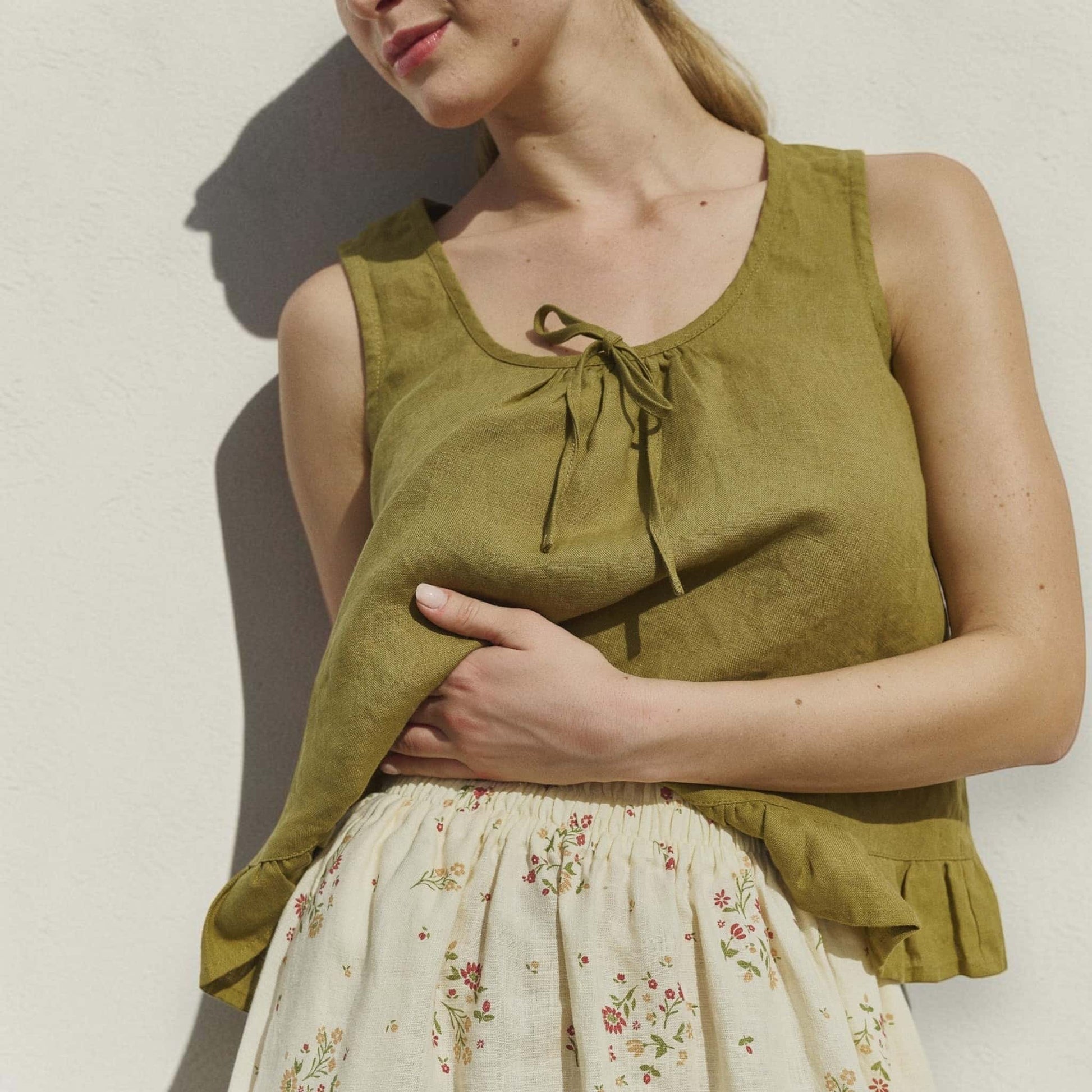 Sleeveless Linen Top, Tie Front Ruffle Hem