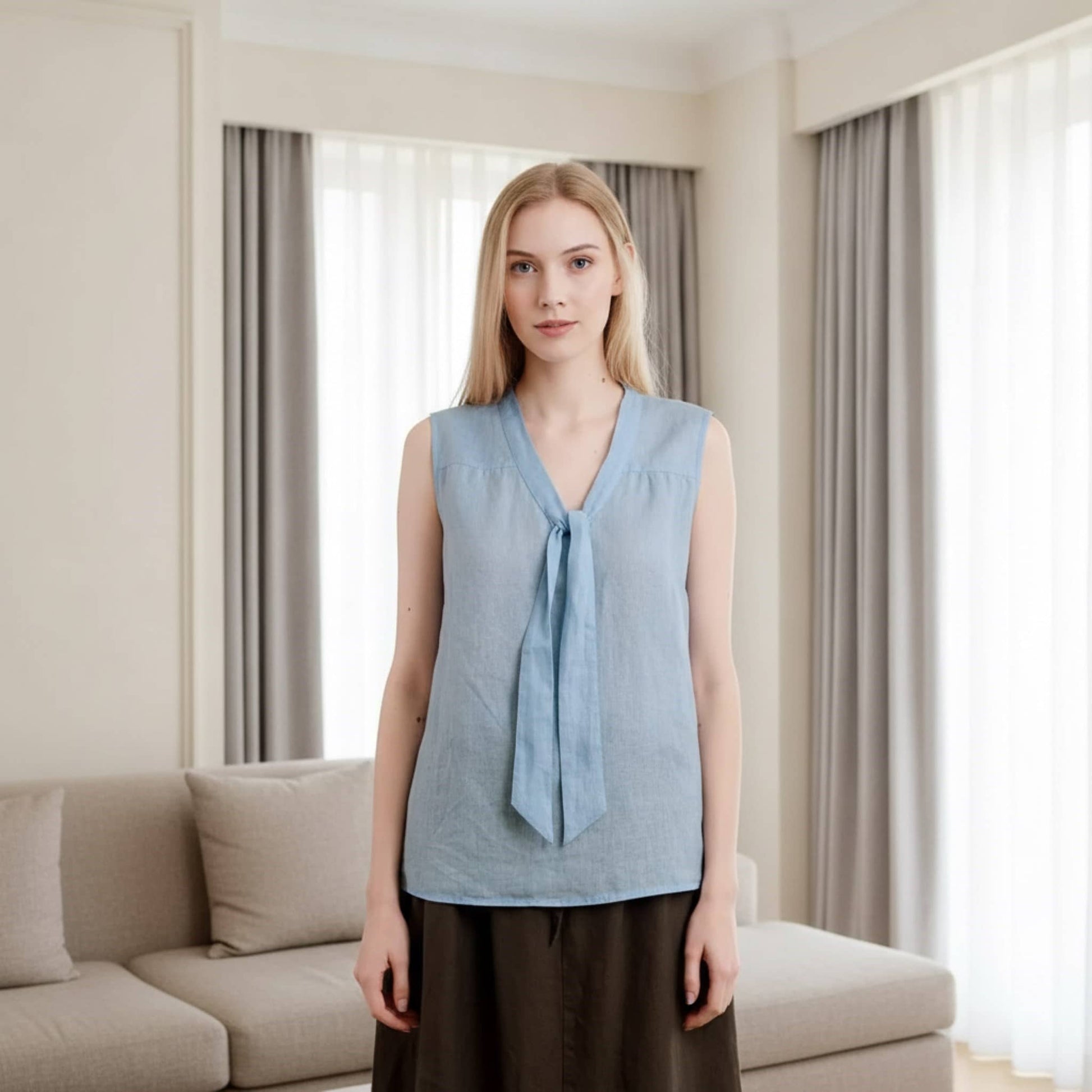 Sleeveless Linen V Neck Top, Tie Neck