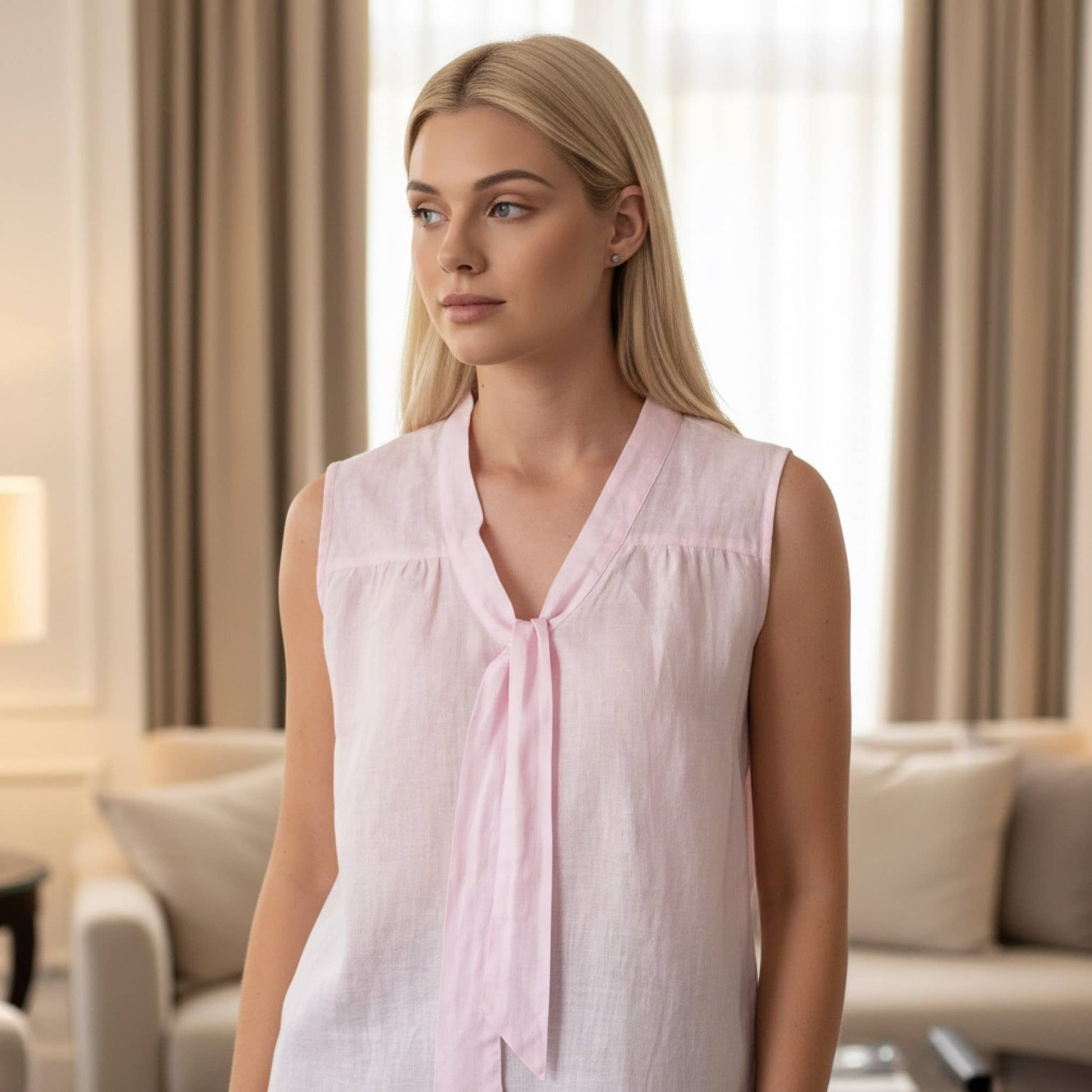 Sleeveless Linen V Neck Top, Tie Neck