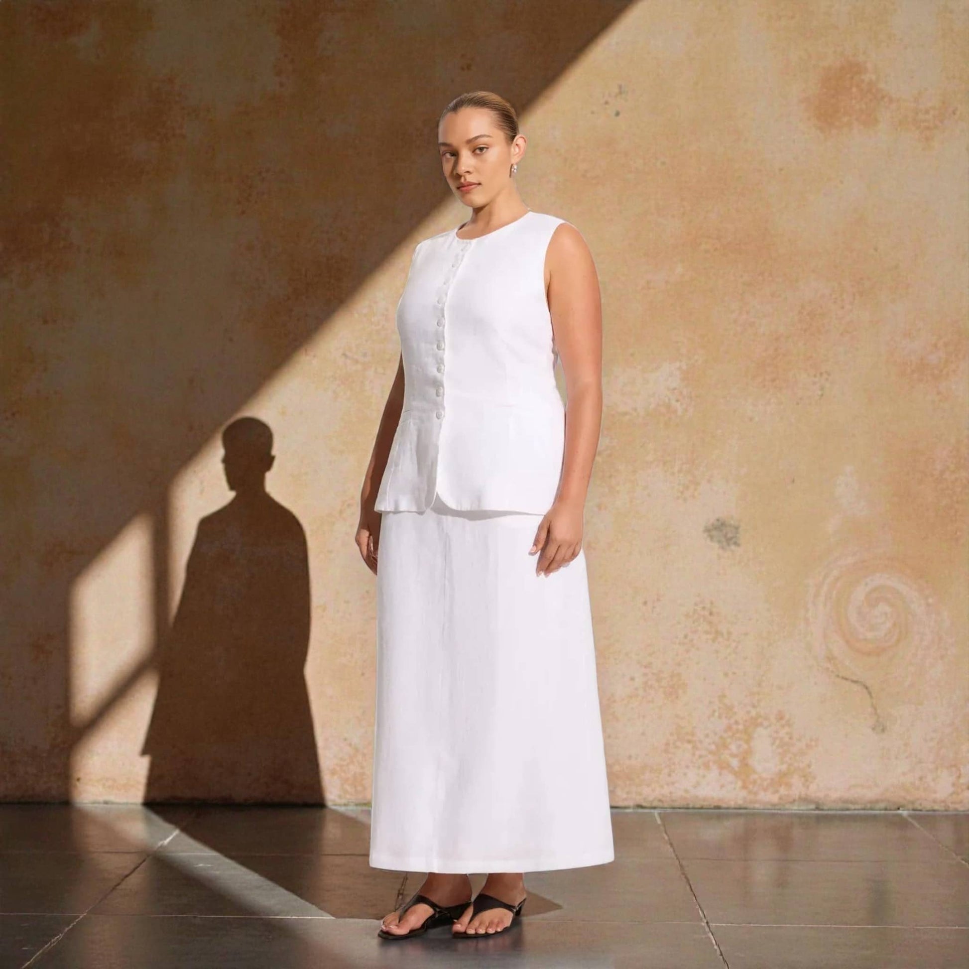 Sleeveless Linen Vest Set, Linen Vest Top And Maxi Skirt Set