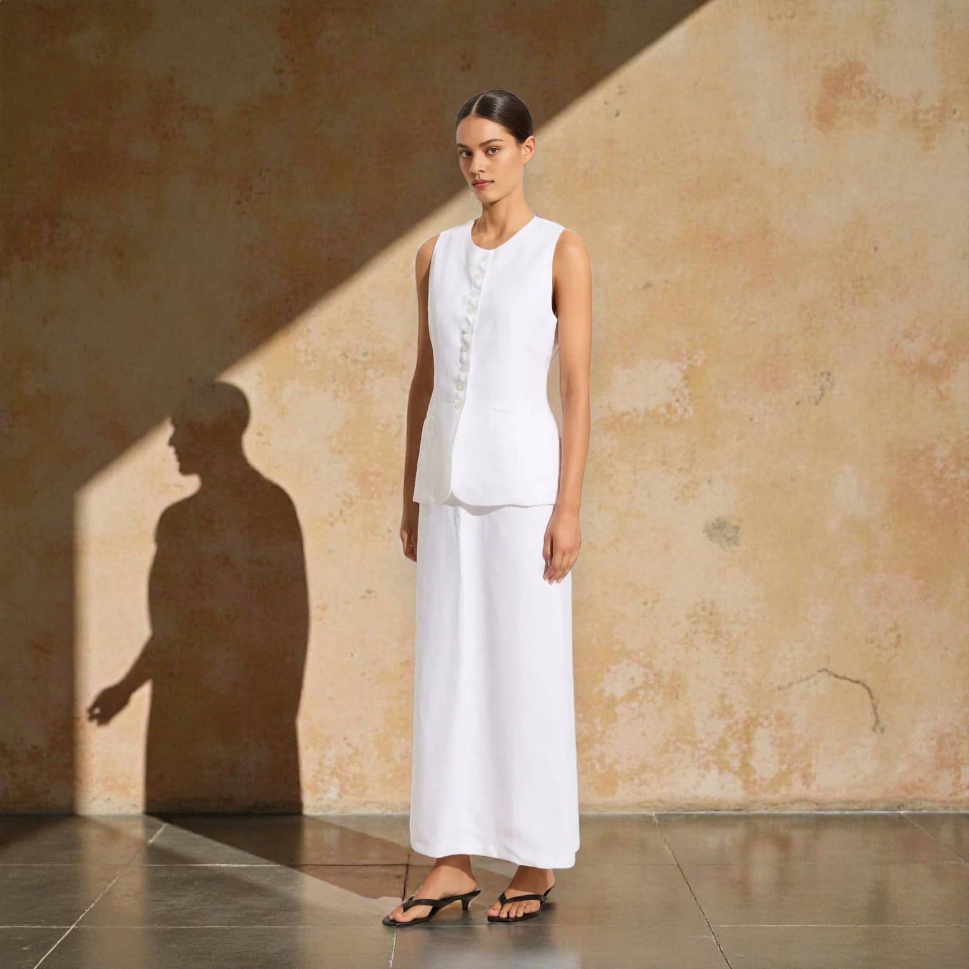 Sleeveless Linen Vest Set, Linen Vest Top And Maxi Skirt Set