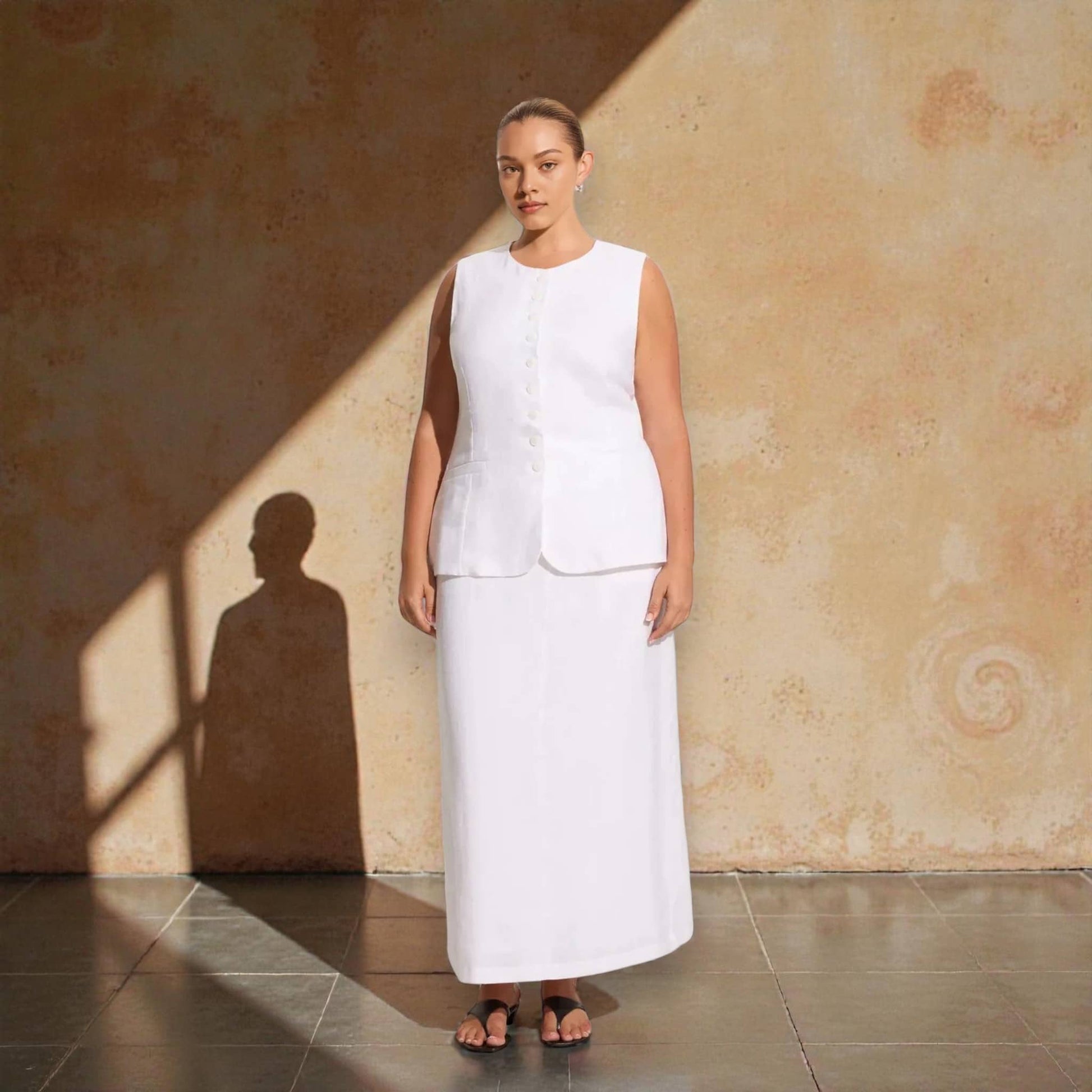Sleeveless Linen Vest Set, Linen Vest Top And Maxi Skirt Set