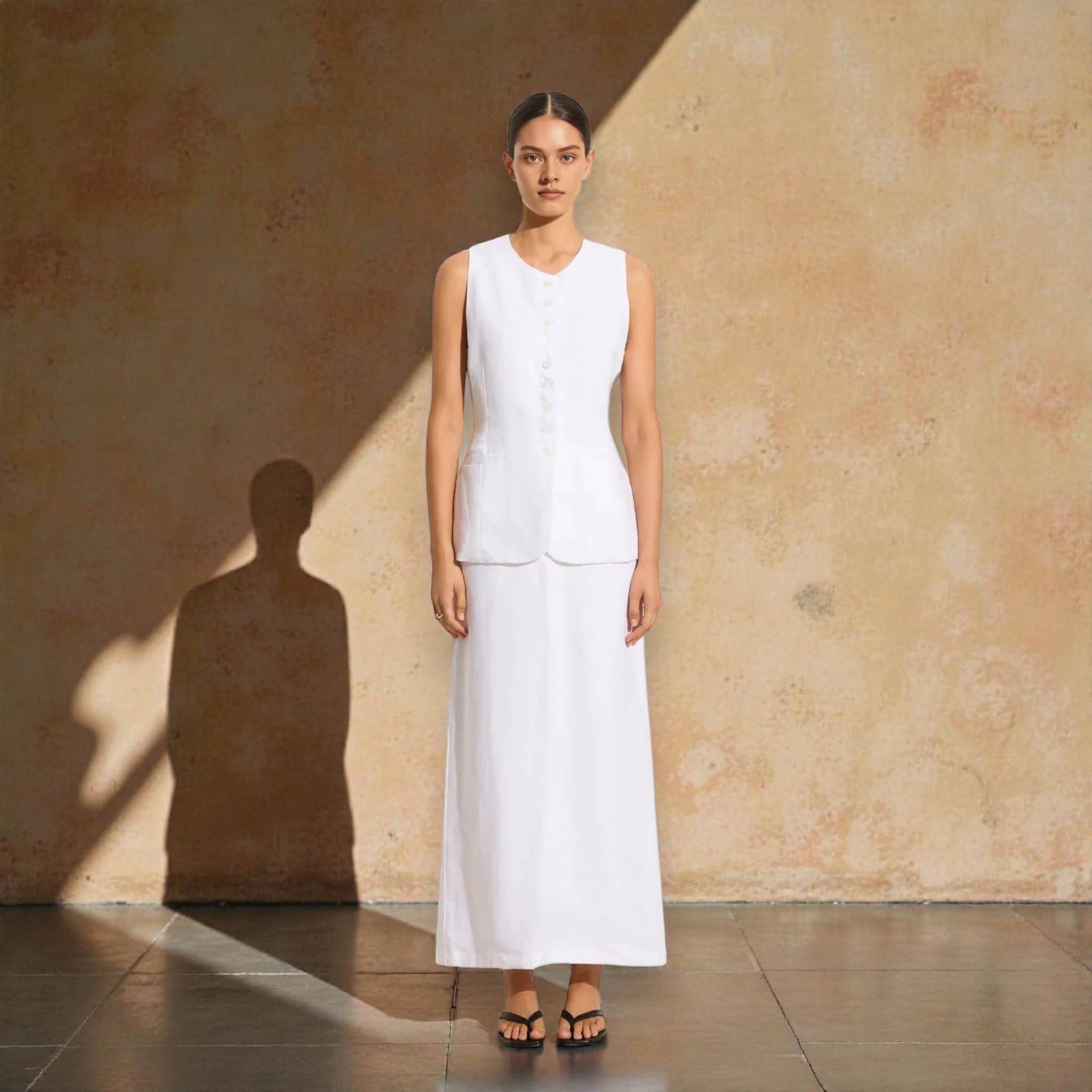 Sleeveless Linen Vest Set, Linen Vest Top And Maxi Skirt Set