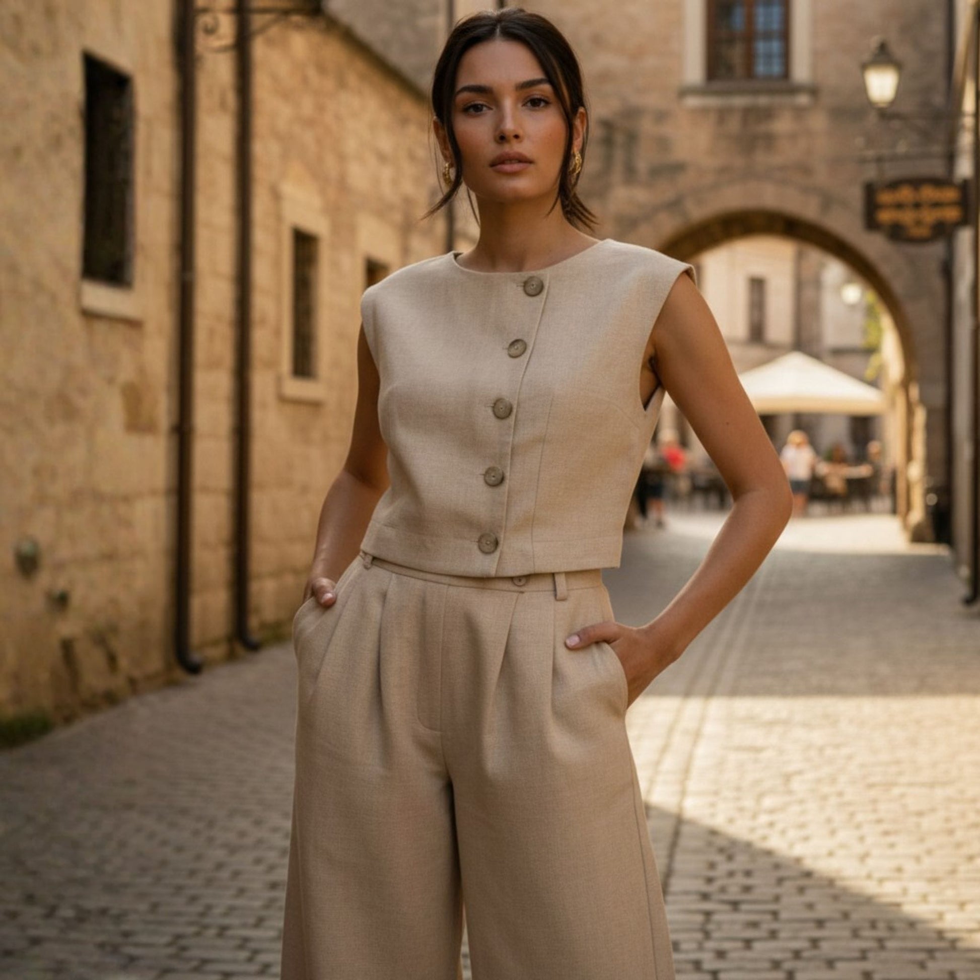 Sleeveless Linen Vest Top, Button Linen Crop Top