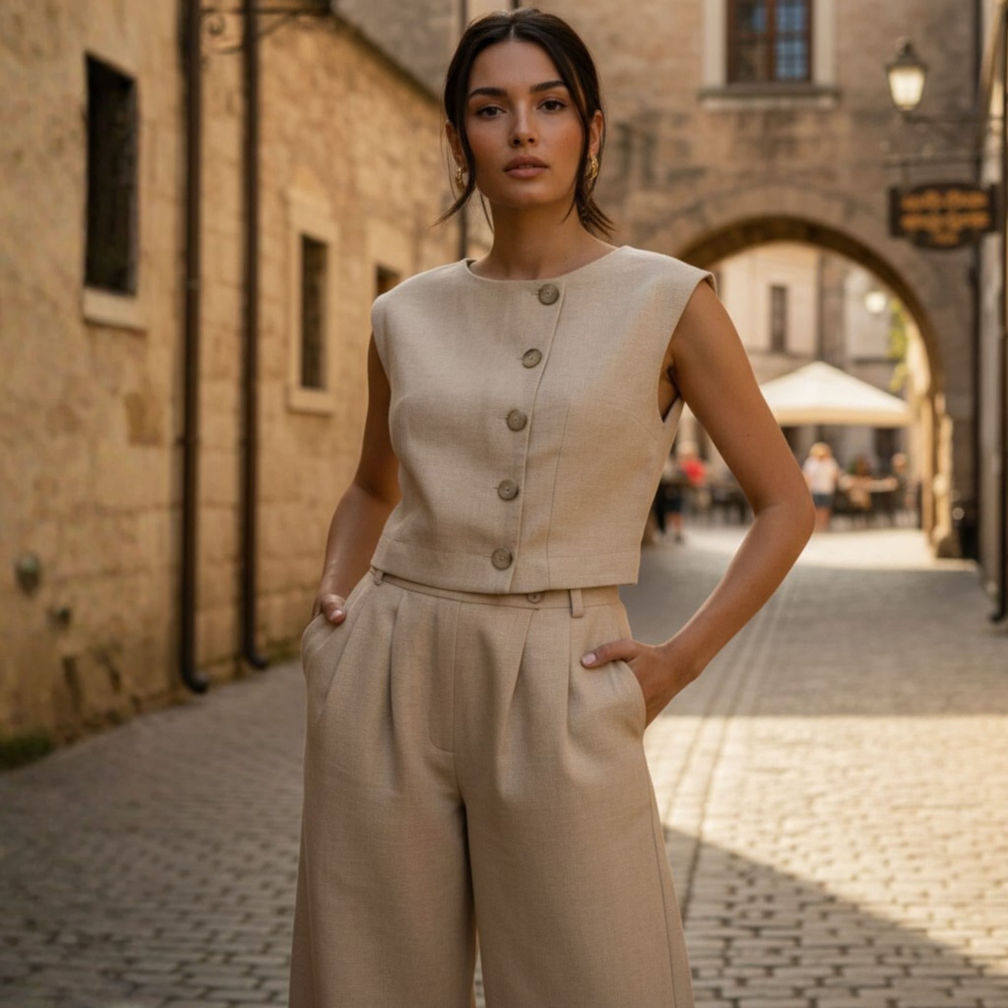 Sleeveless Linen Vest Top, Button Linen Crop Top