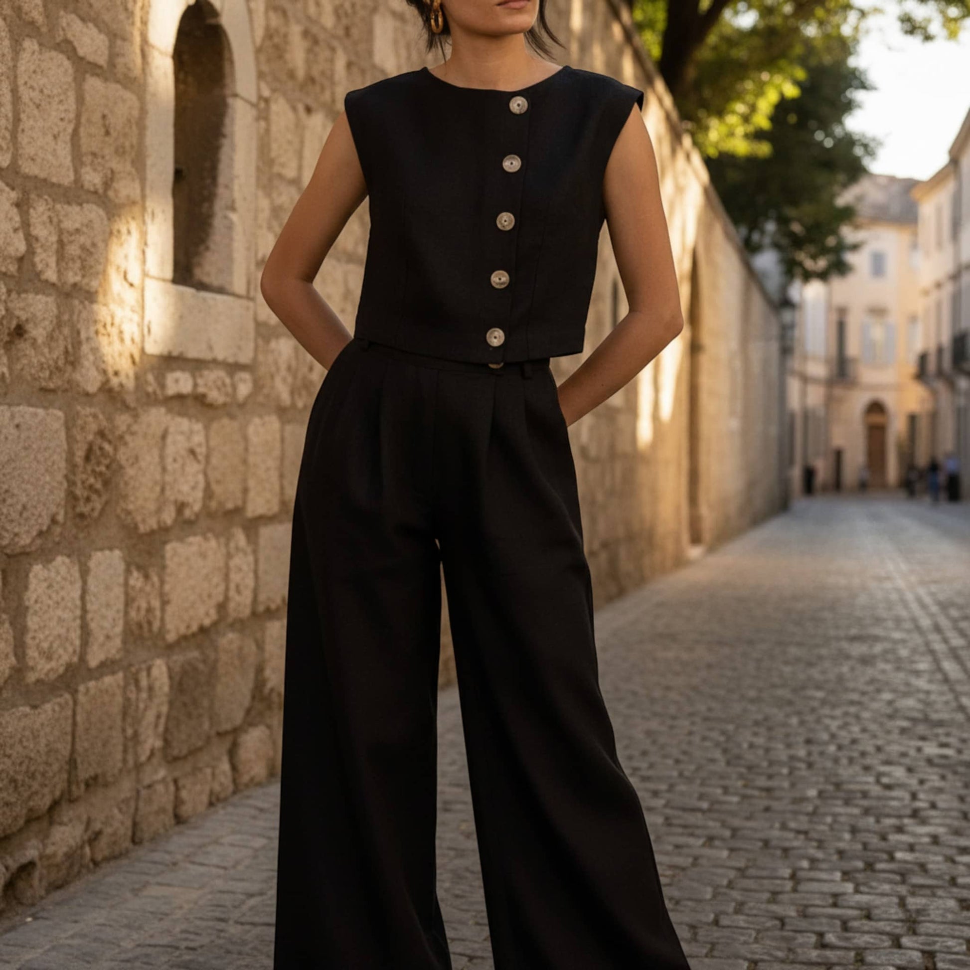 Sleeveless Linen Vest Top, Button Linen Crop Top