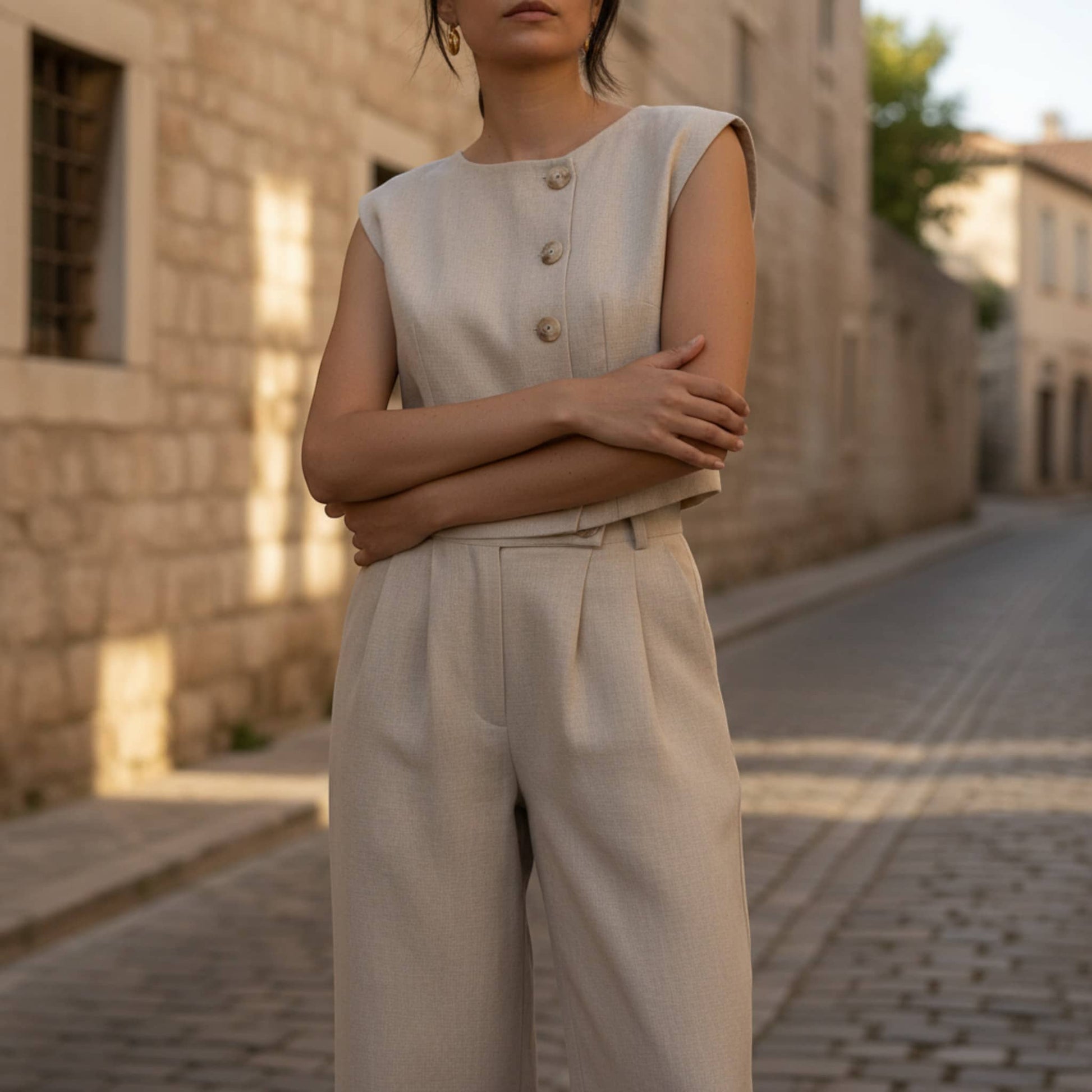 Sleeveless Linen Vest Top, Button Linen Crop Top