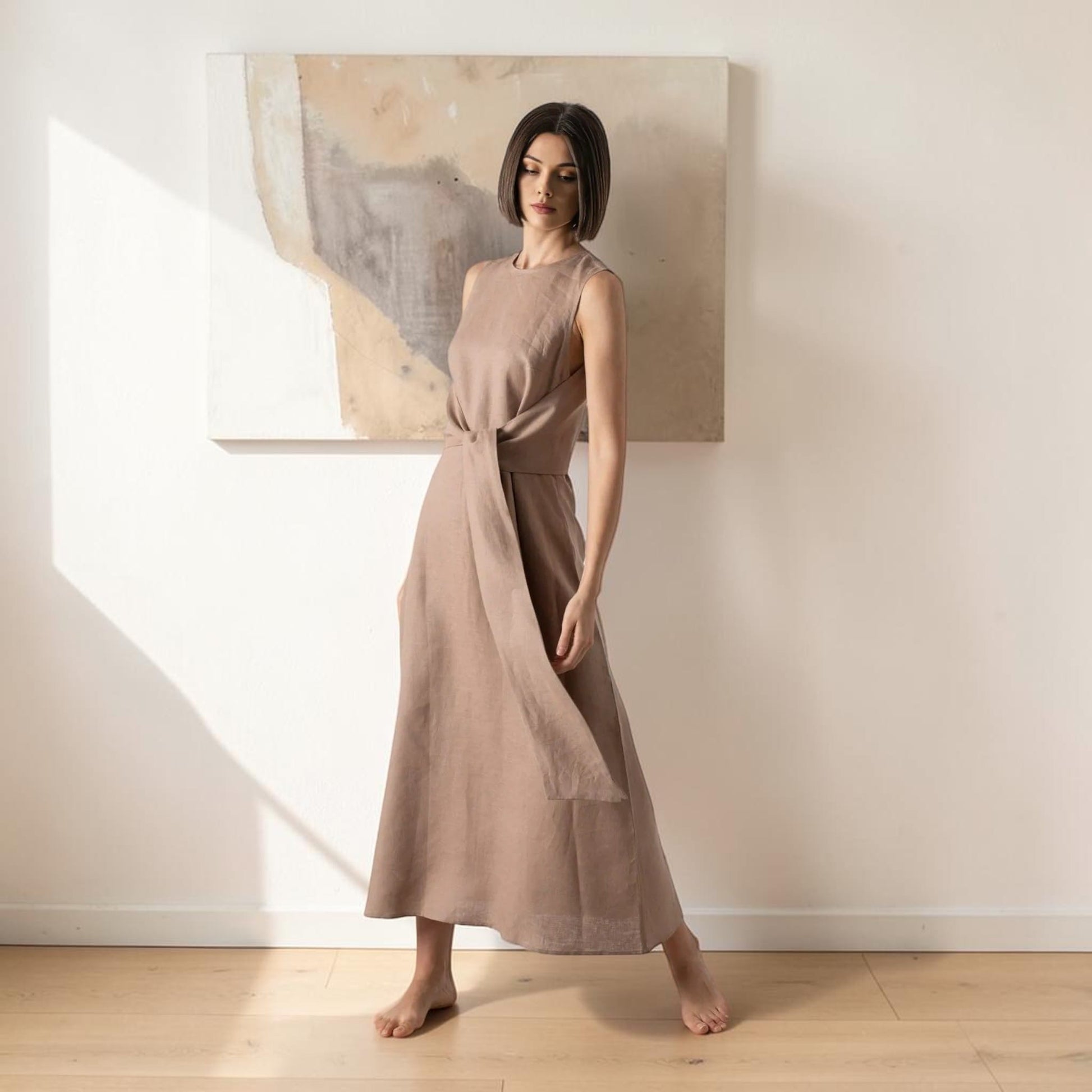 Sleeveless Linen Wrap Maxi Dress, Self Tie Waist