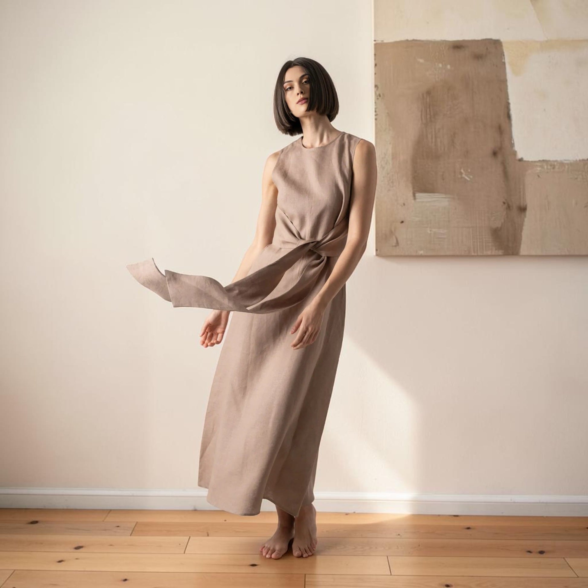 Sleeveless Linen Wrap Maxi Dress, Self Tie Waist