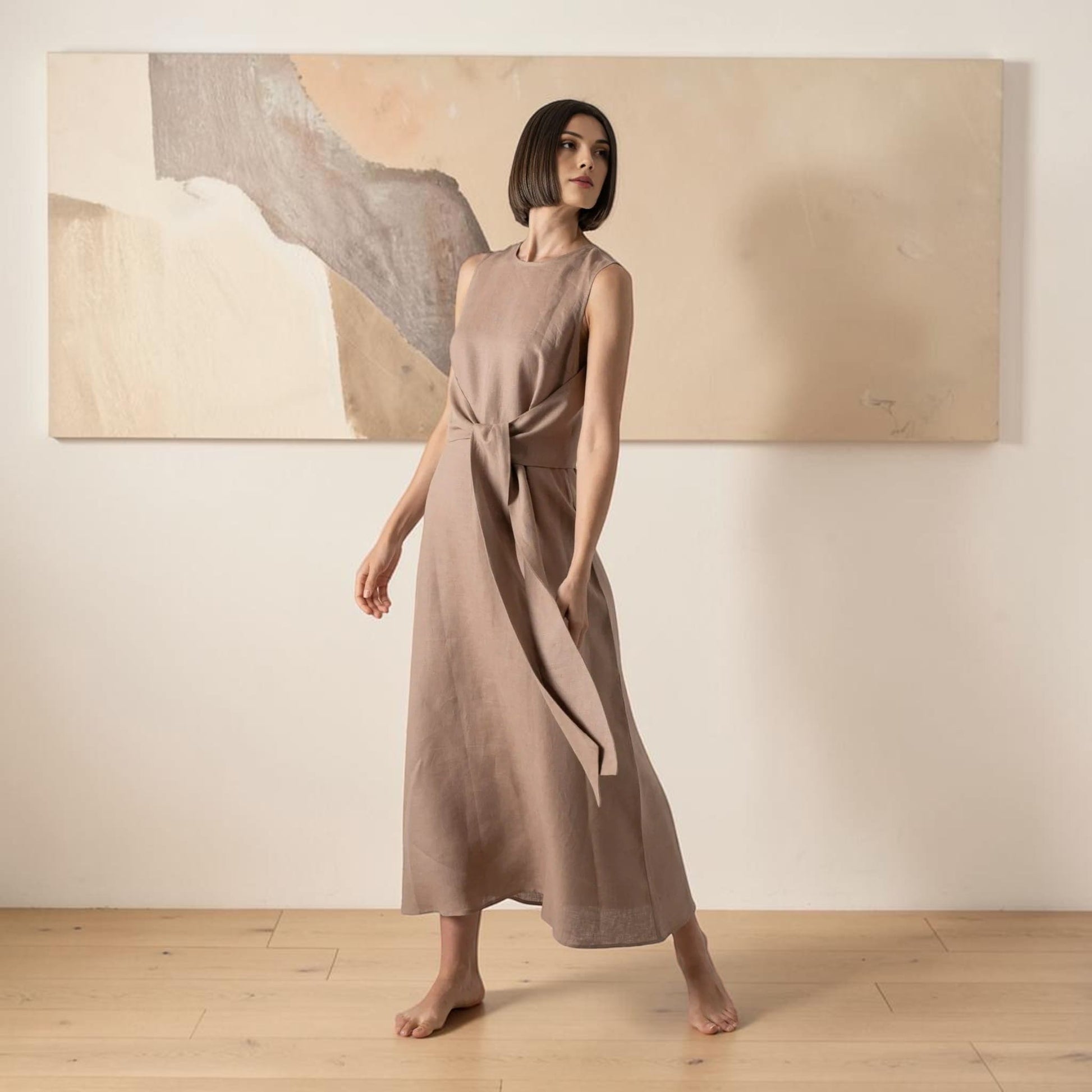 Sleeveless Linen Wrap Maxi Dress, Self Tie Waist