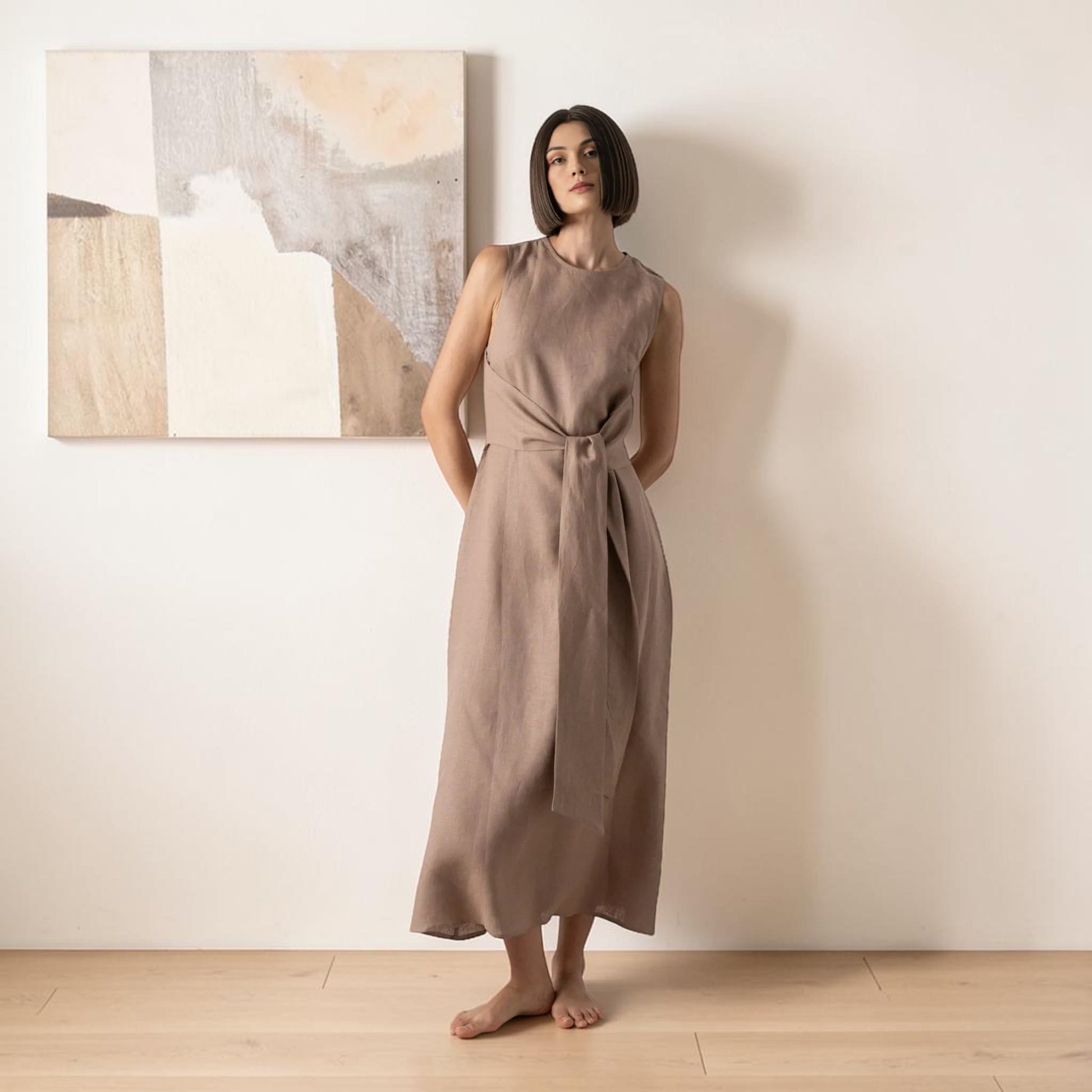 Sleeveless Linen Wrap Maxi Dress, Self Tie Waist