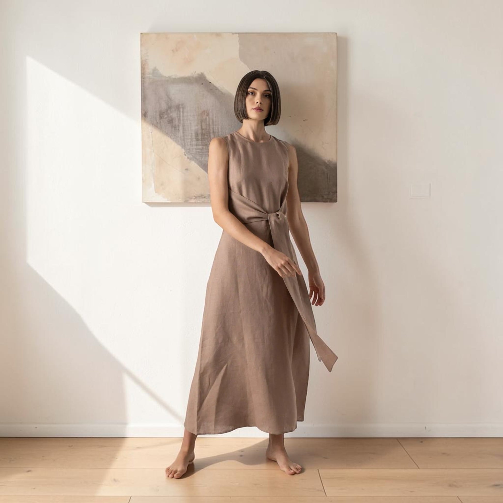 Sleeveless Linen Wrap Maxi Dress, Self Tie Waist