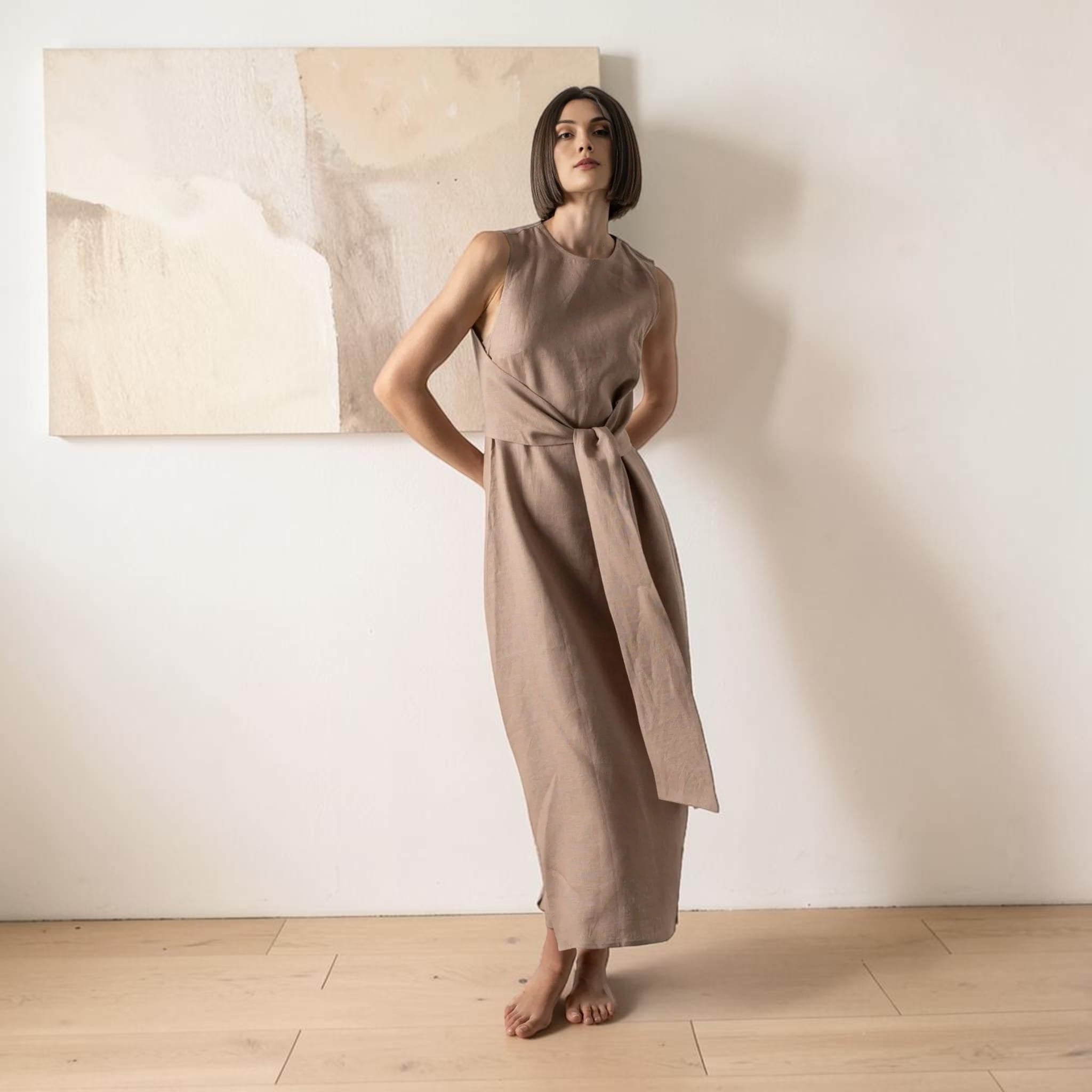 Sleeveless Linen Wrap Maxi Dress, Self Tie Waist