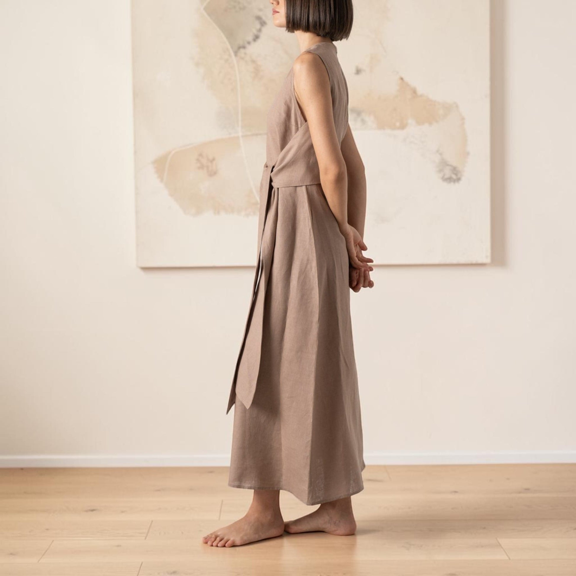 Sleeveless Linen Wrap Maxi Dress, Self Tie Waist