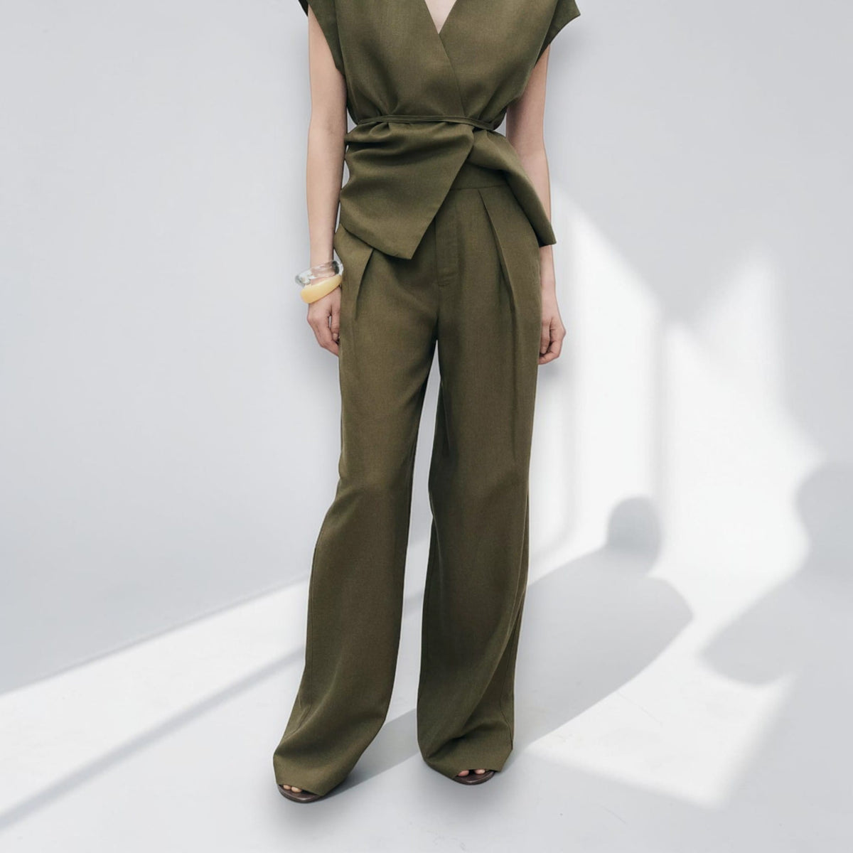 Sleeveless Linen Wrap Top, Tie Waist V Neck Top