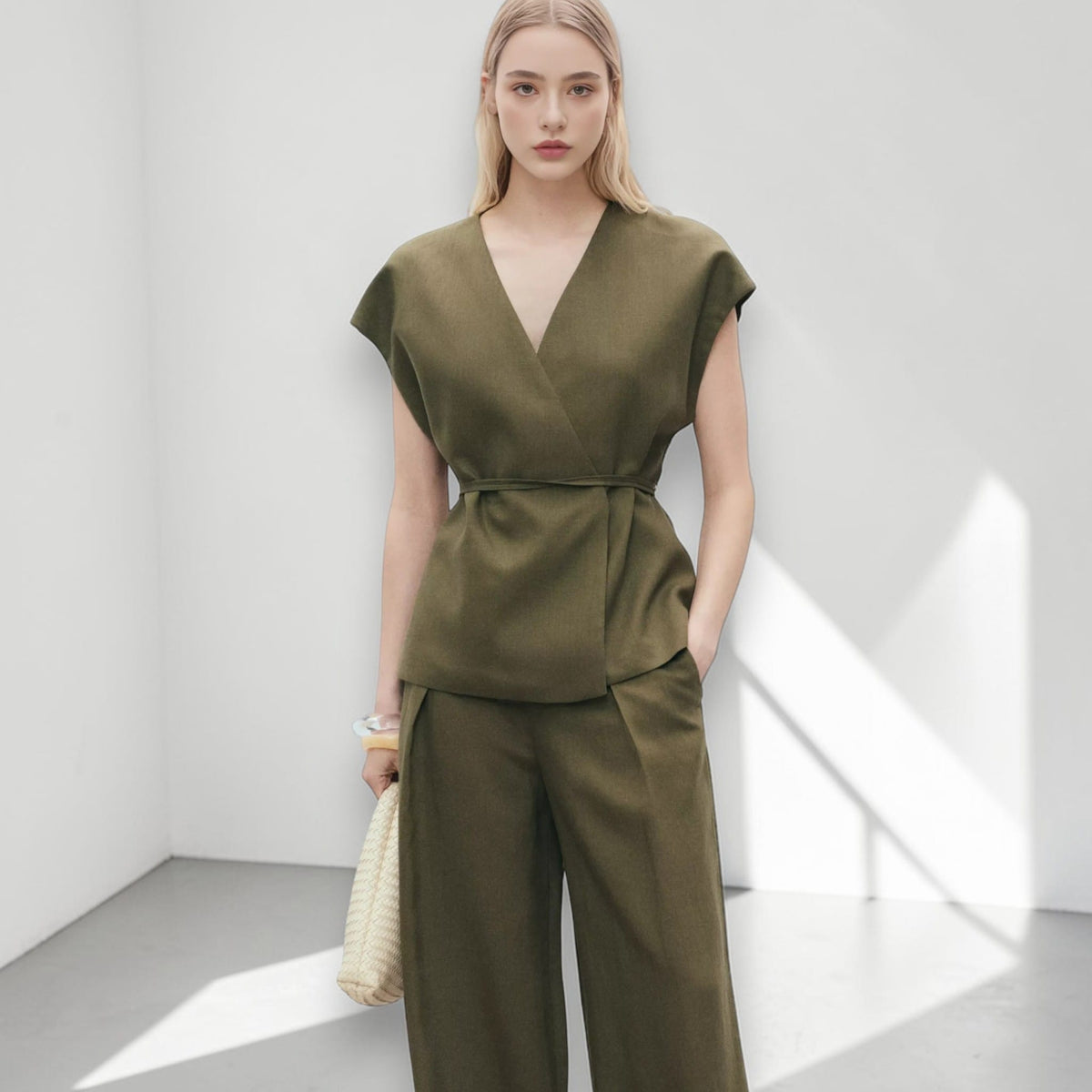 Sleeveless Linen Wrap Top, Tie Waist V Neck Top