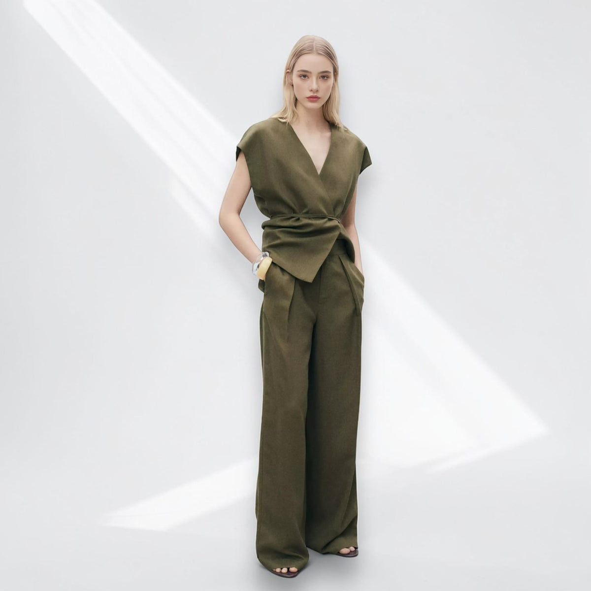 Sleeveless Linen Wrap Top, Tie Waist V Neck Top