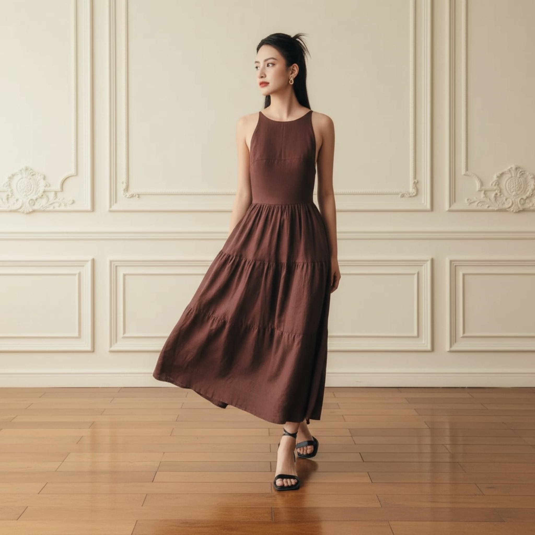 Sleeveless Linen Maxi Dress, High Neck Tiered Skirt