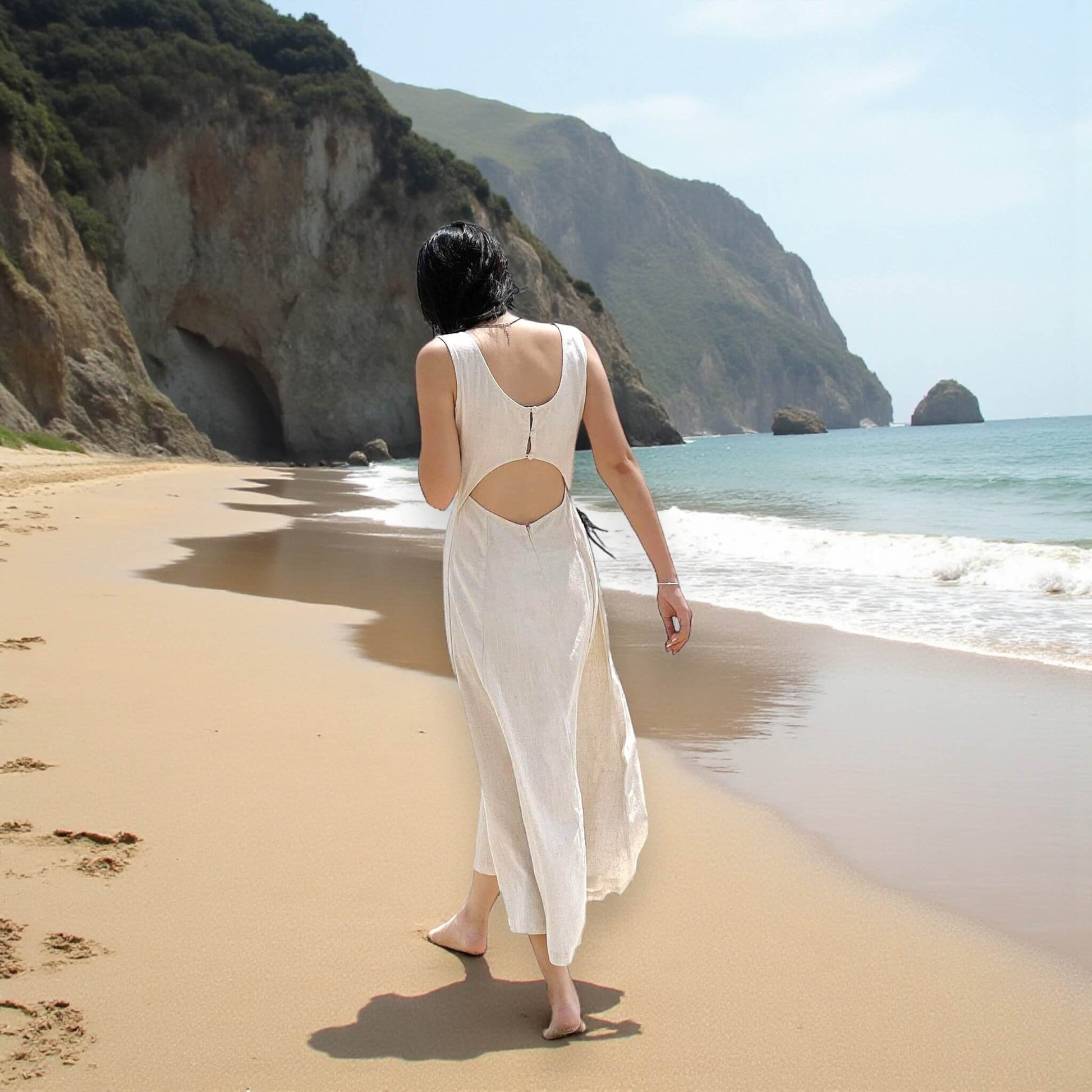 Sleeveless Midi Dress, Scoop Neck Linen Midi Dress