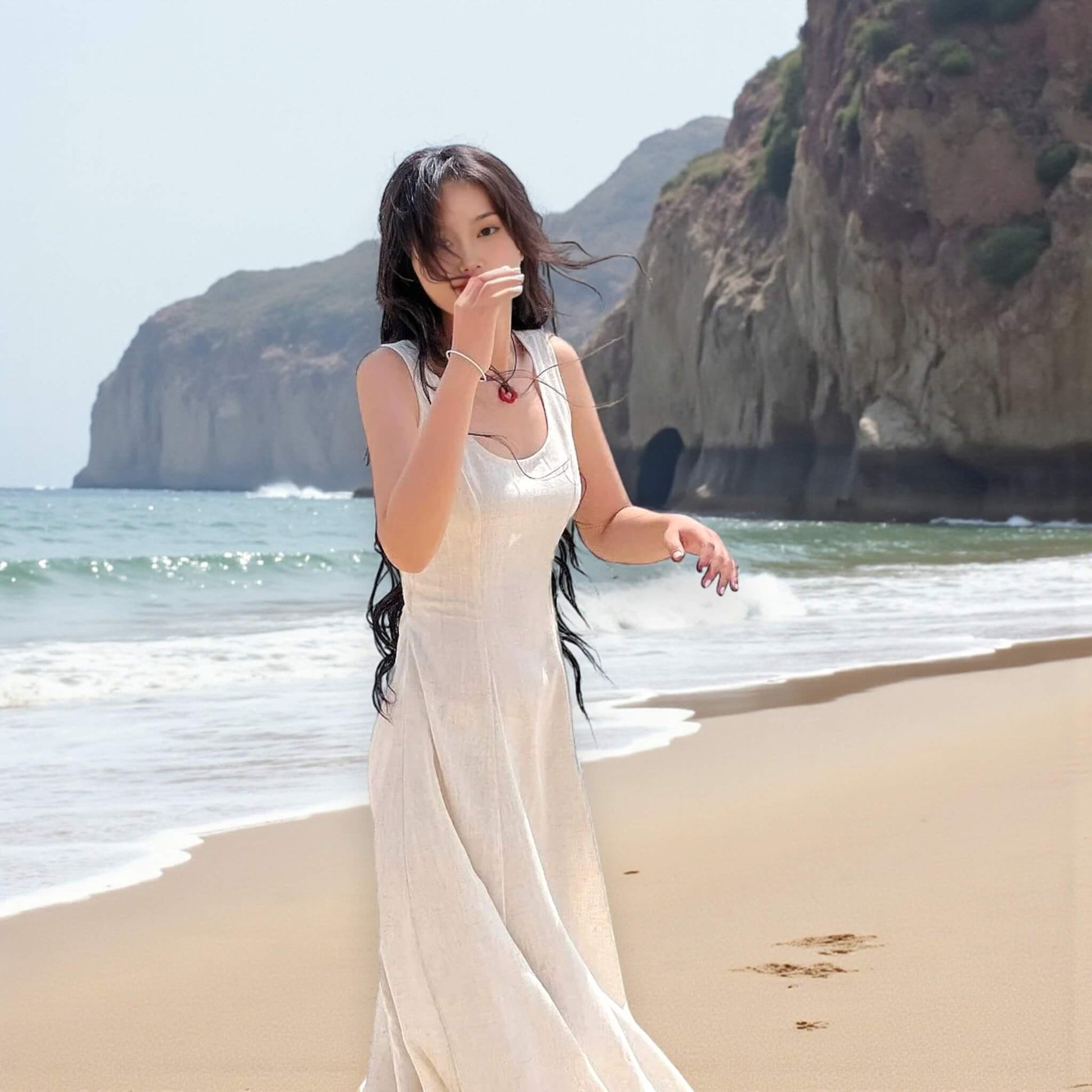 Sleeveless Midi Dress, Scoop Neck Linen Midi Dress