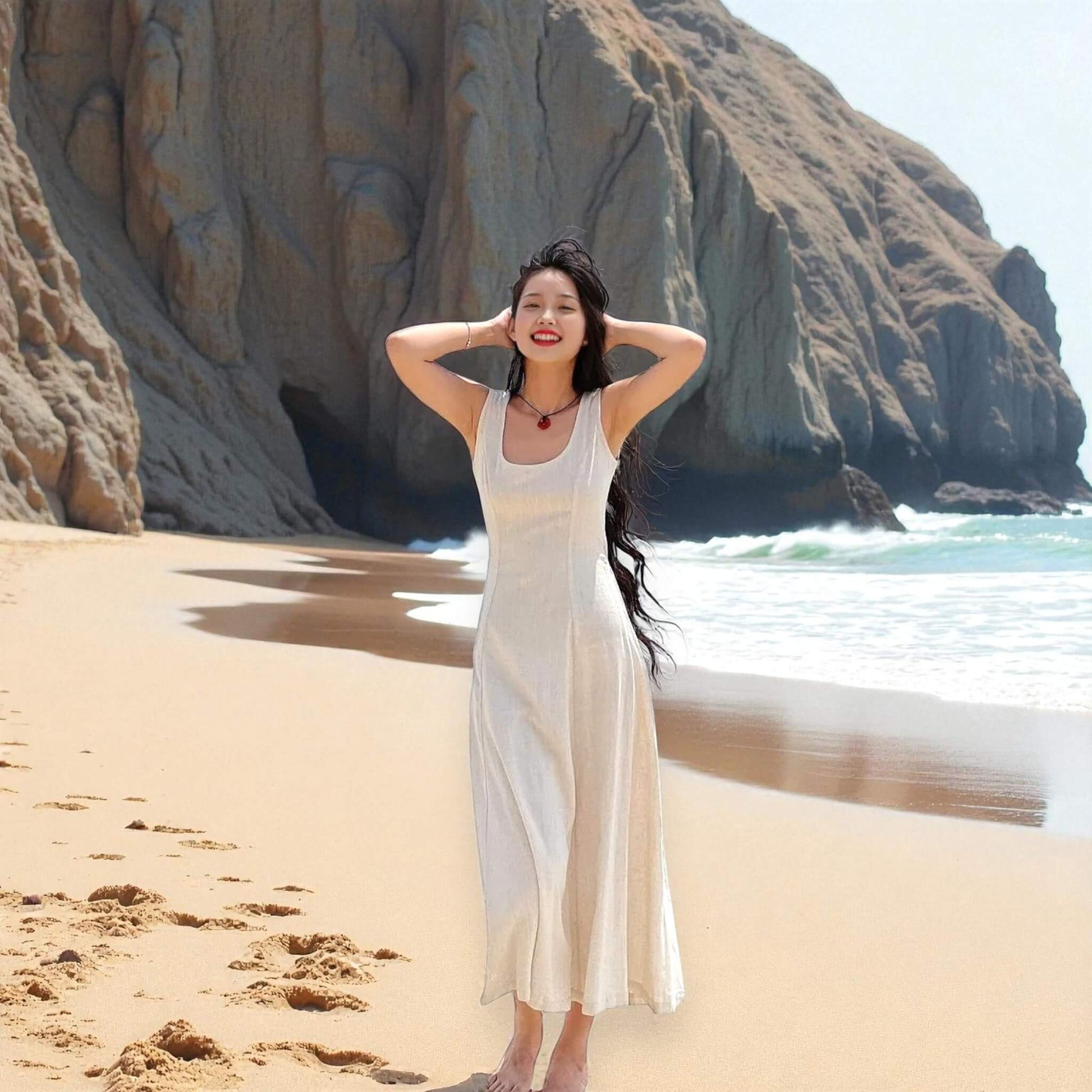 Sleeveless Midi Dress, Scoop Neck Linen Midi Dress