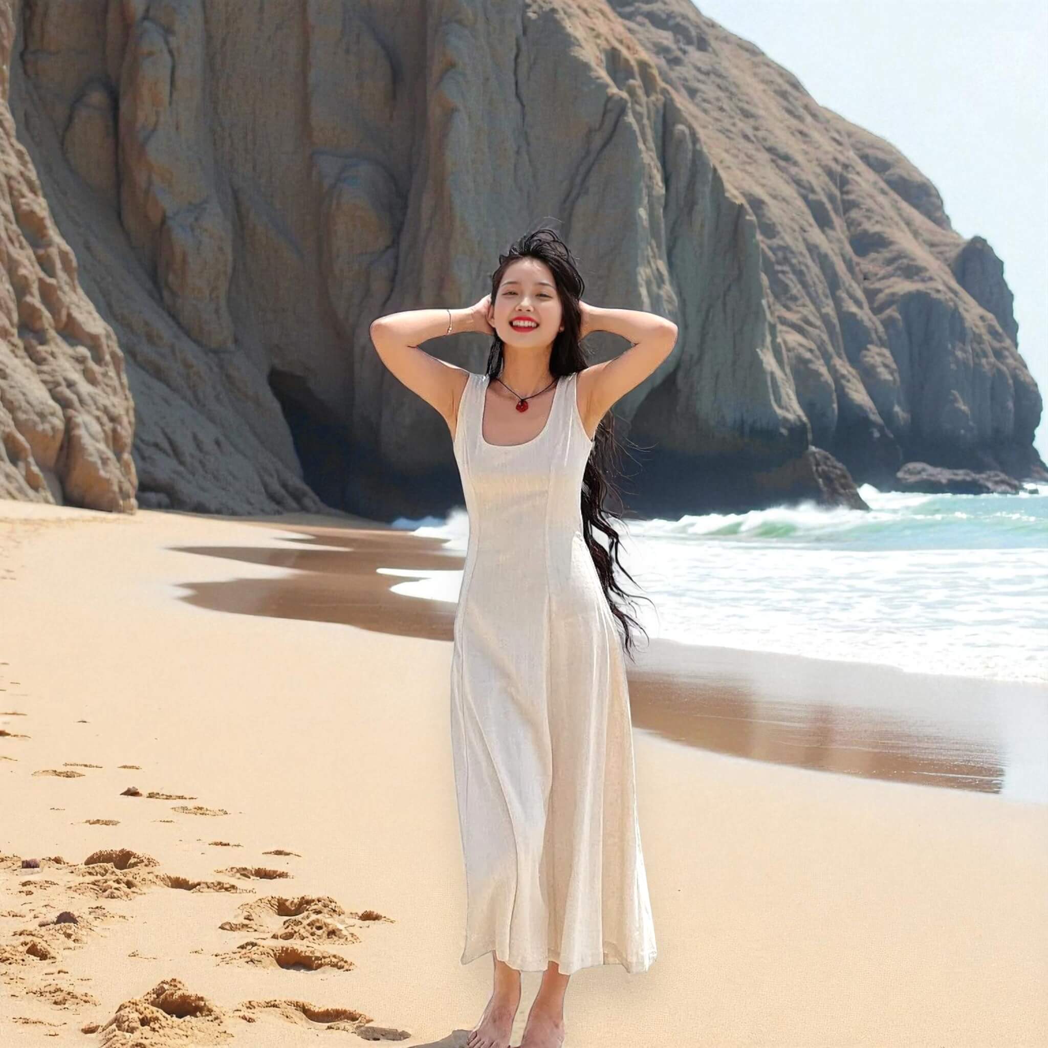 Sleeveless Midi Dress, Scoop Neck Linen Midi Dress