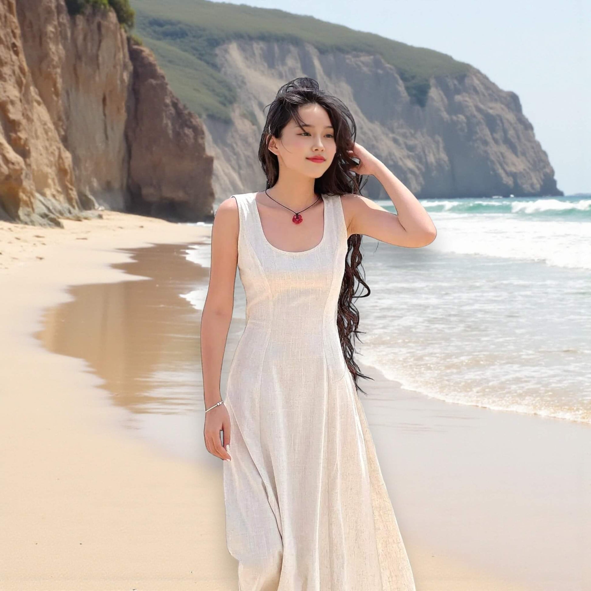 Sleeveless Midi Dress, Scoop Neck Linen Midi Dress