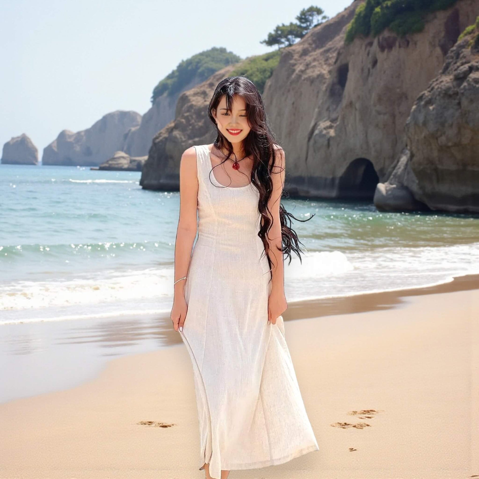 Sleeveless Midi Dress, Scoop Neck Linen Midi Dress