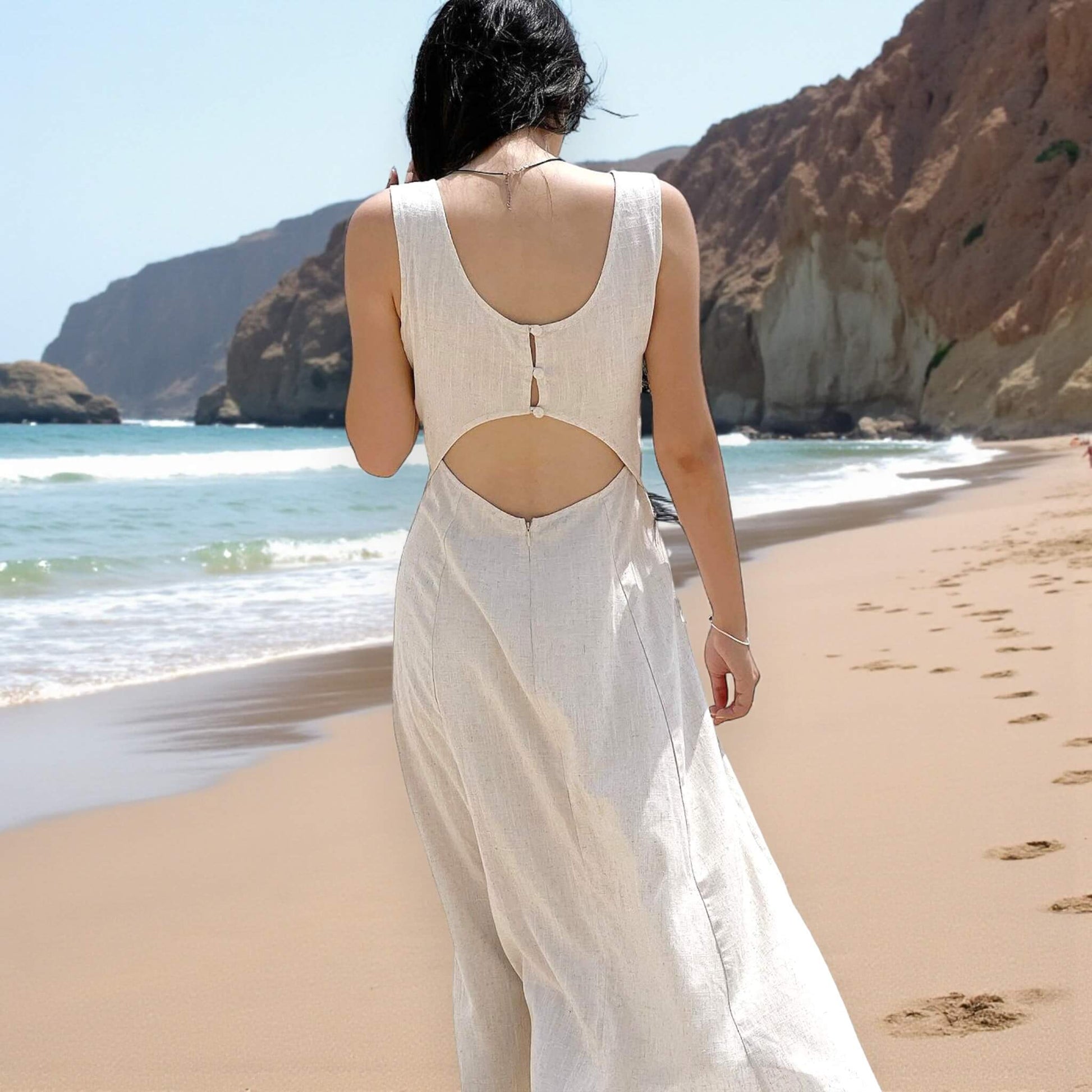 Sleeveless Midi Dress, Scoop Neck Linen Midi Dress