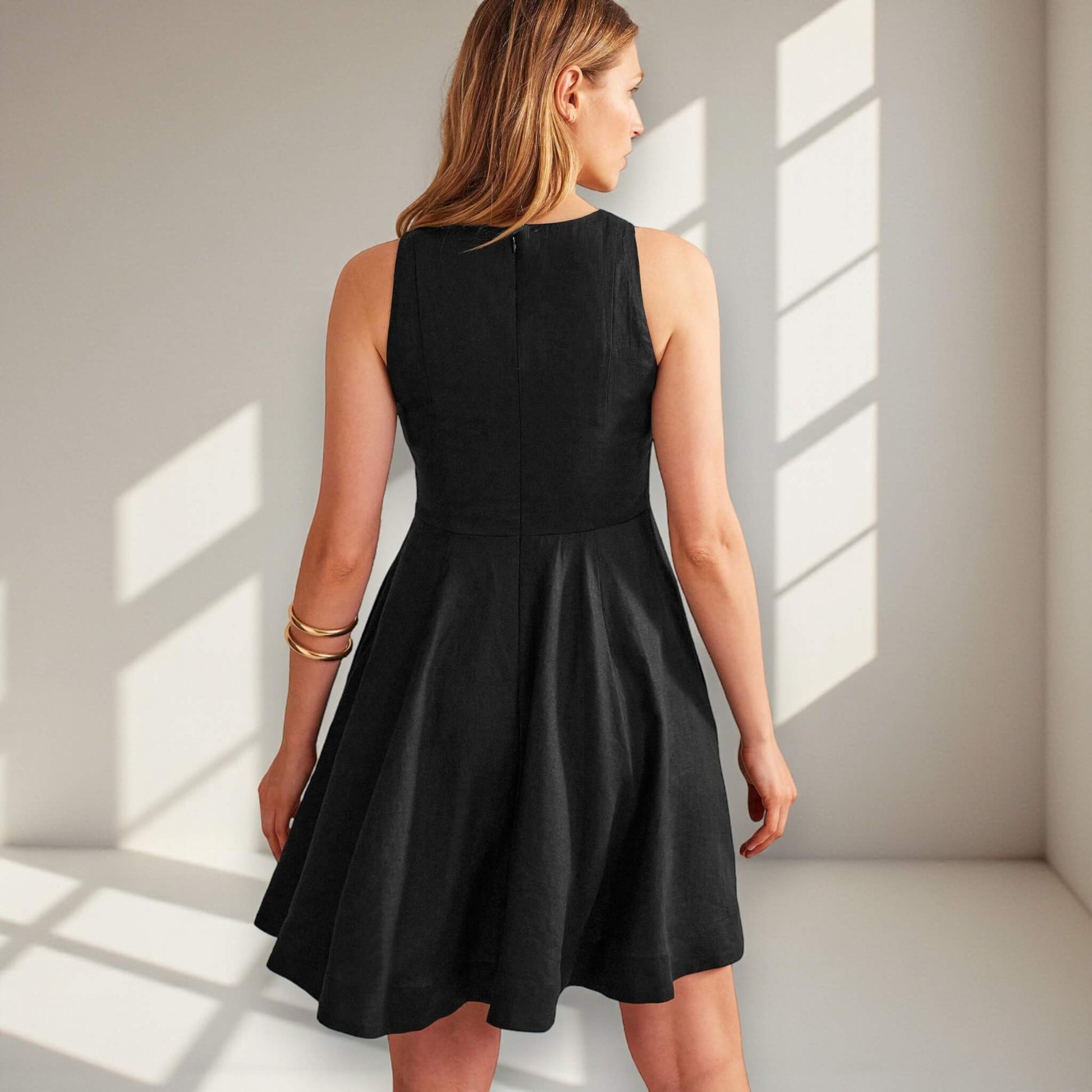 Sleeveless Mini Dress, Boat Neck Linen Mini Dress