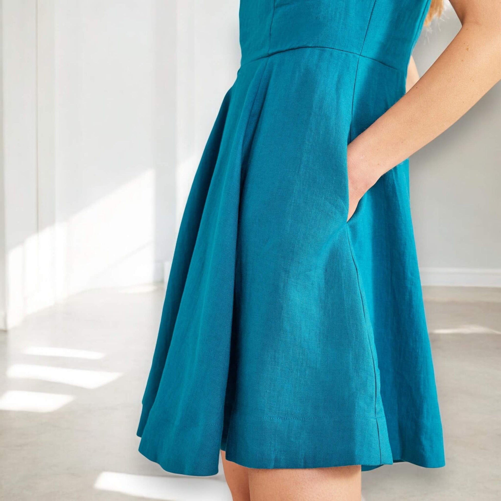 Sleeveless Mini Dress, Boat Neck Linen Mini Dress