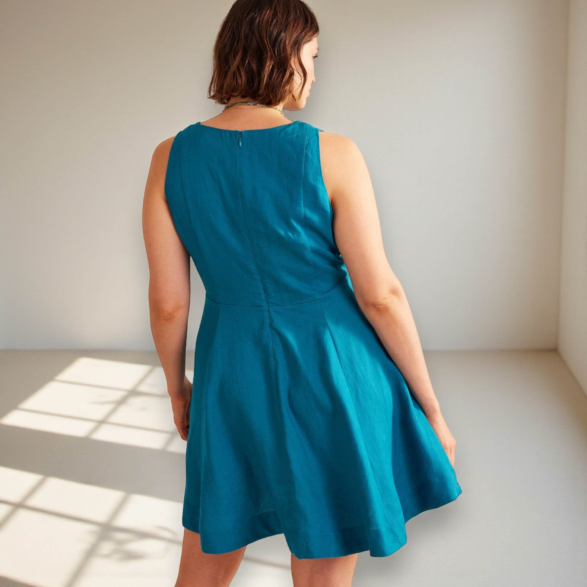 Sleeveless Mini Dress, Boat Neck Linen Mini Dress