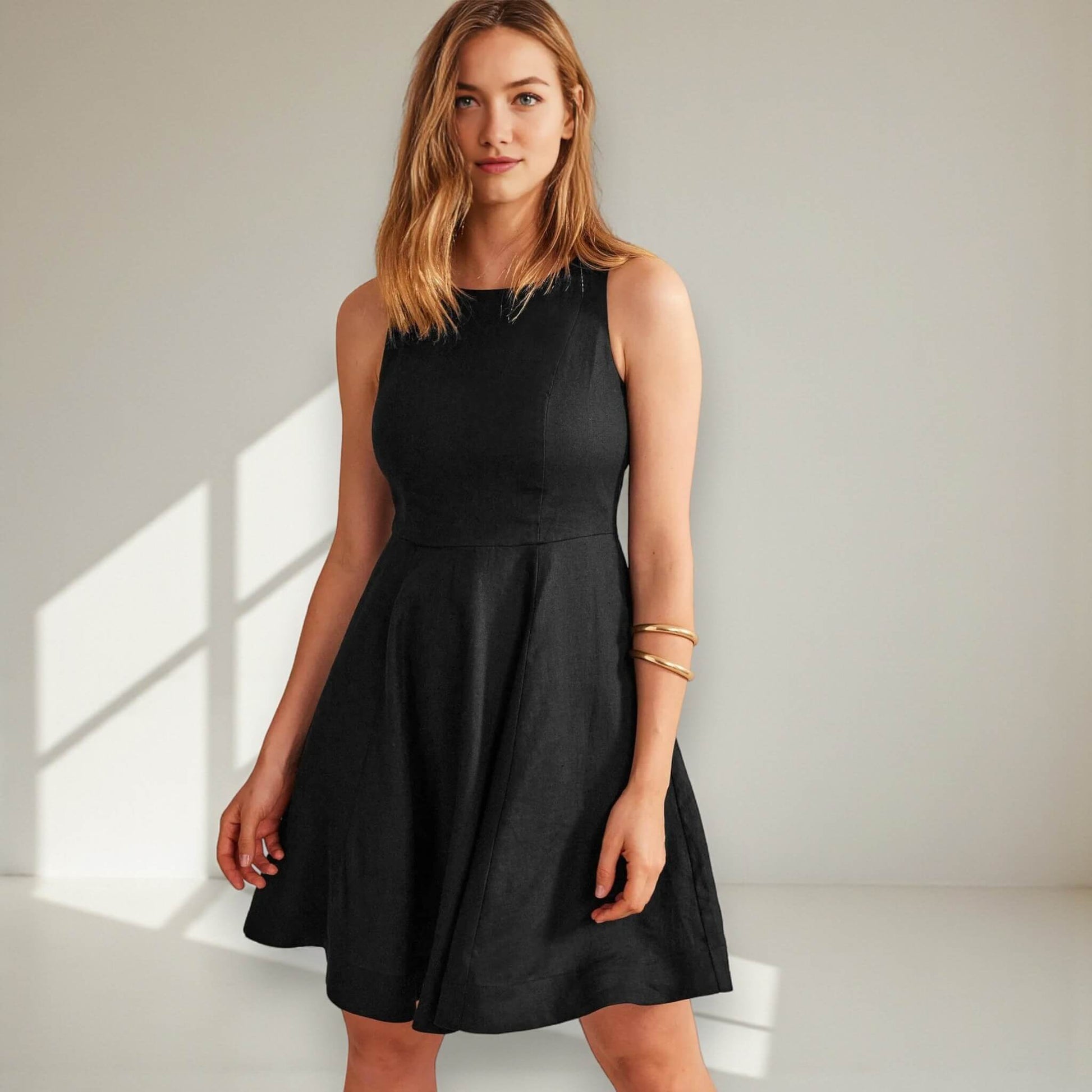 Sleeveless Mini Dress, Boat Neck Linen Mini Dress