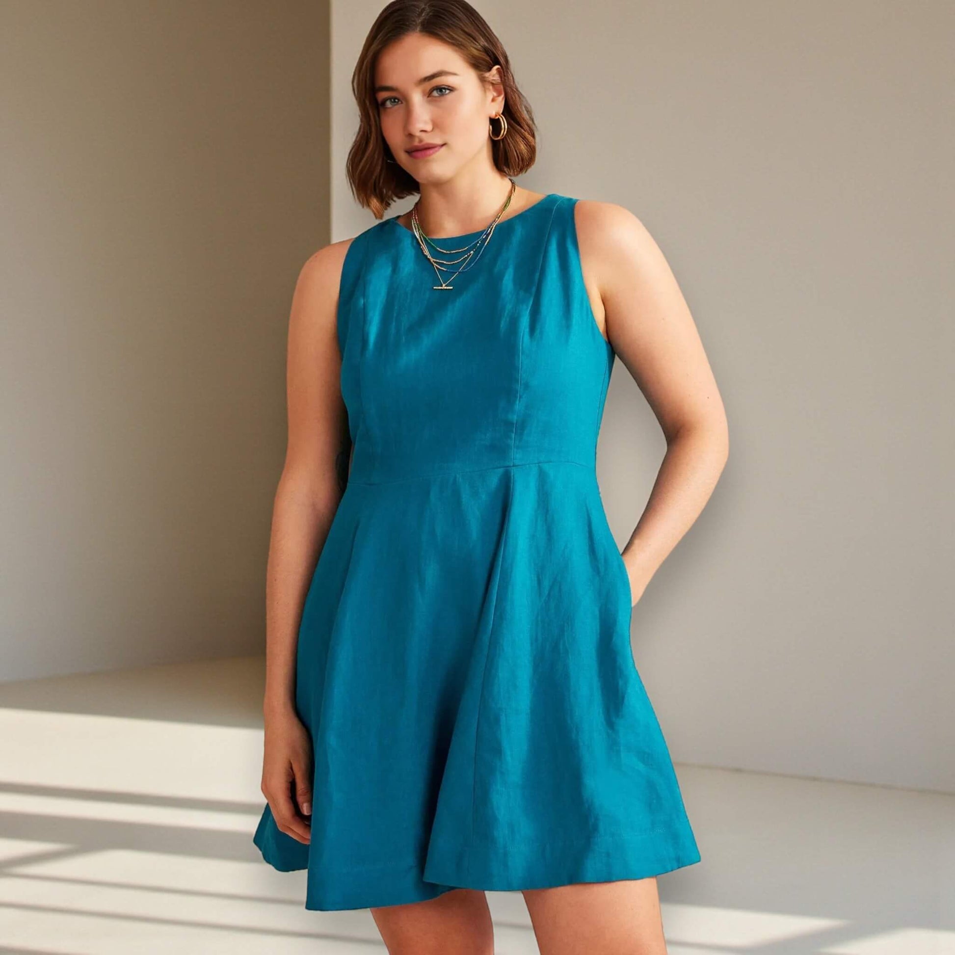 Sleeveless Mini Dress, Boat Neck Linen Mini Dress